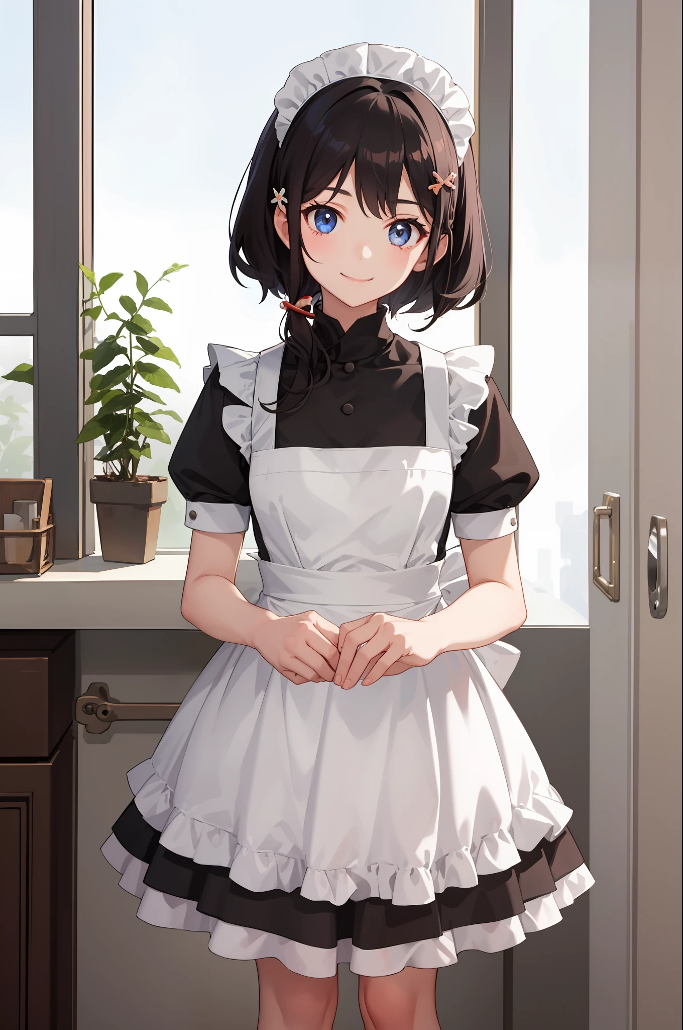 1 girl, smile, skirt, (small) chilarism, dress, apron,,,,,,、 maid,,,,,,,,、 hair ornament,