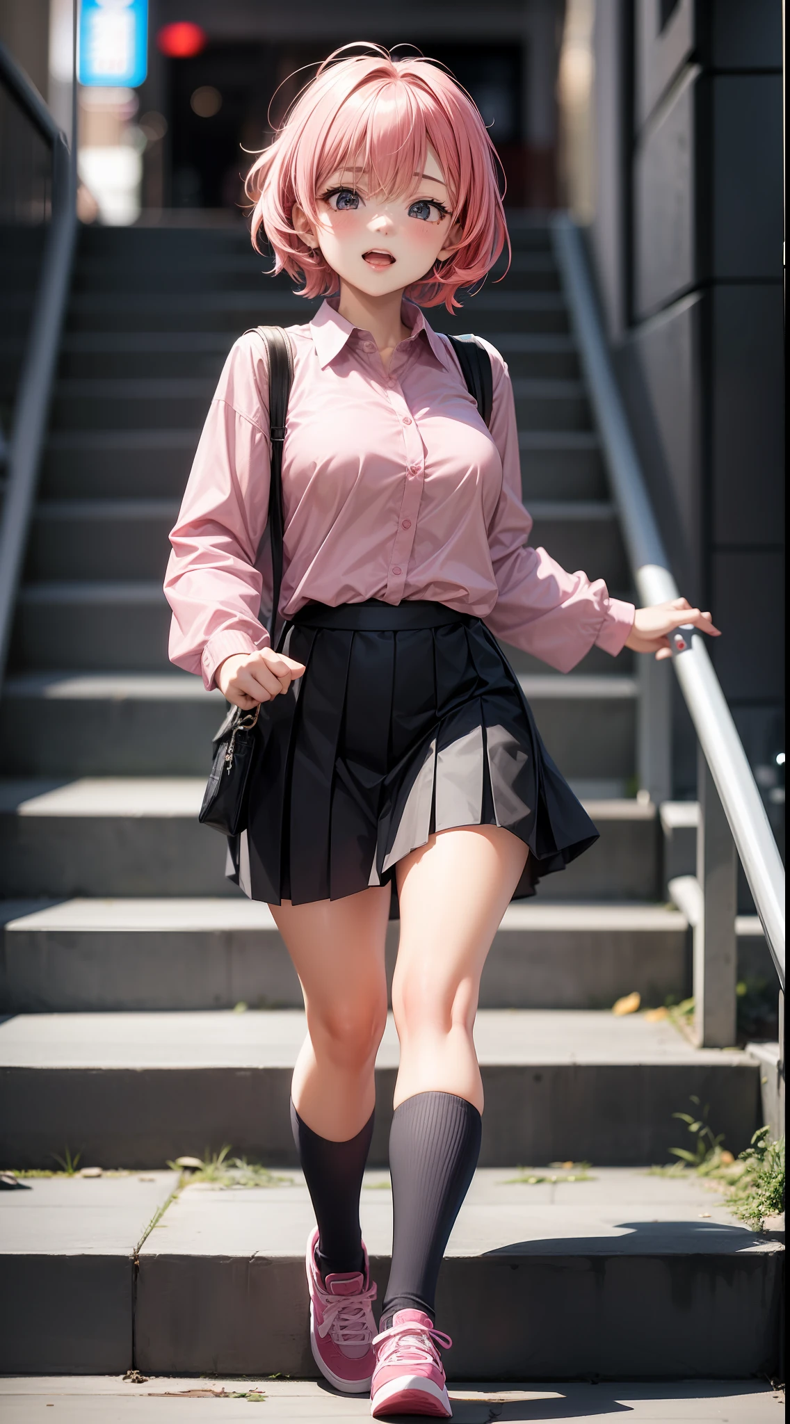 1 girl, 22 years old, short pink hair, Japanese anime style, rushing down the stairs, collared long-sleeved shirt, pleated skirt, pink long-sleeved collared shirt