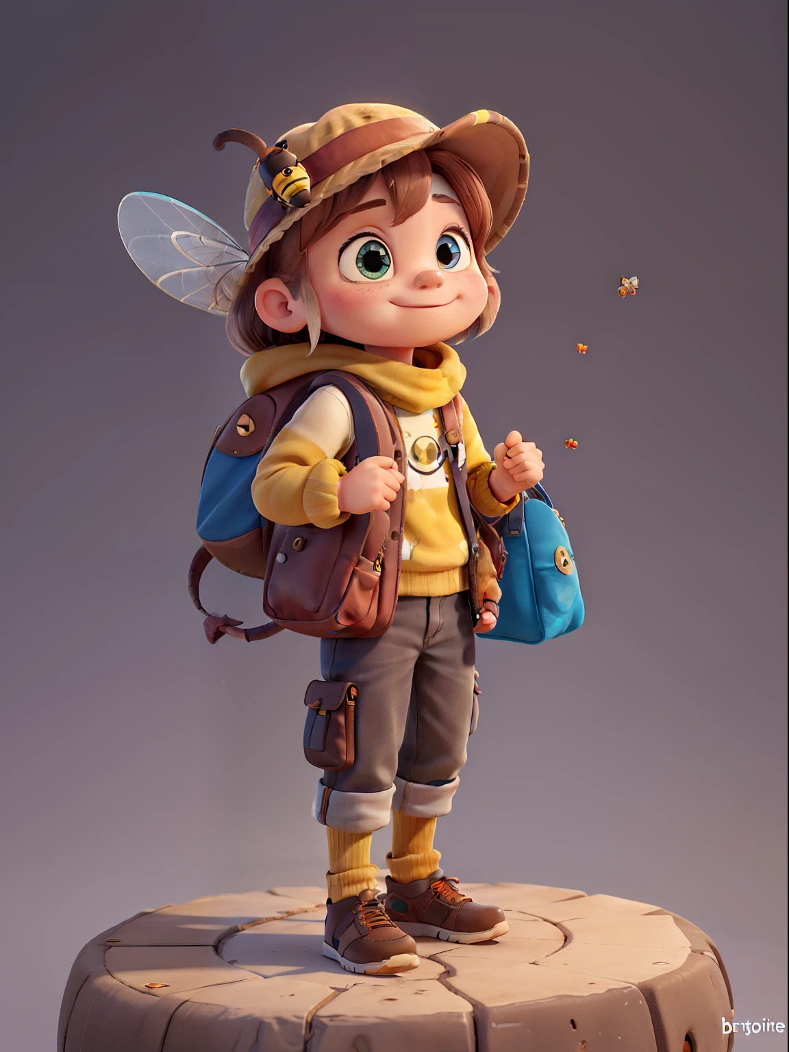 a cute little bee wearing a hat and carrying a bag, a 3D render by Yang Borun, behance, fantasy art, behance hd, artstation hd, rendered in maya