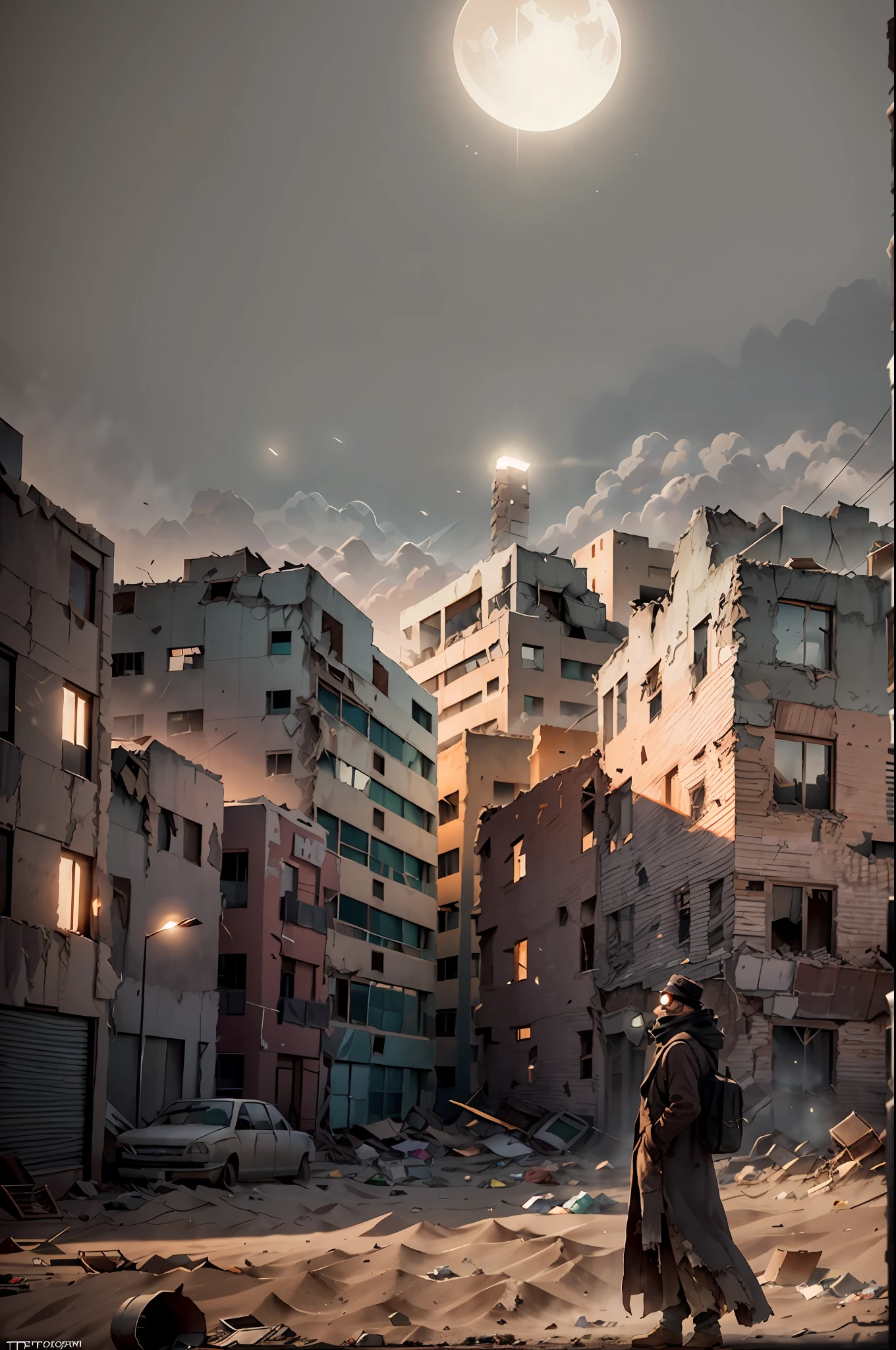 Amazing detailed photography of a prefect post apocalyptic abandoned town in Afghanistan, damaged buildings, sand covered, windy, empty town, garbage and wreckage, 1guy in a long black overcoat with a scarf and goggles standing in the center of the frame, cinematic, eerie, dusty, lonely, scary, tpmm 1.4,cinematic, drama, Cinematic light, soft light, evening