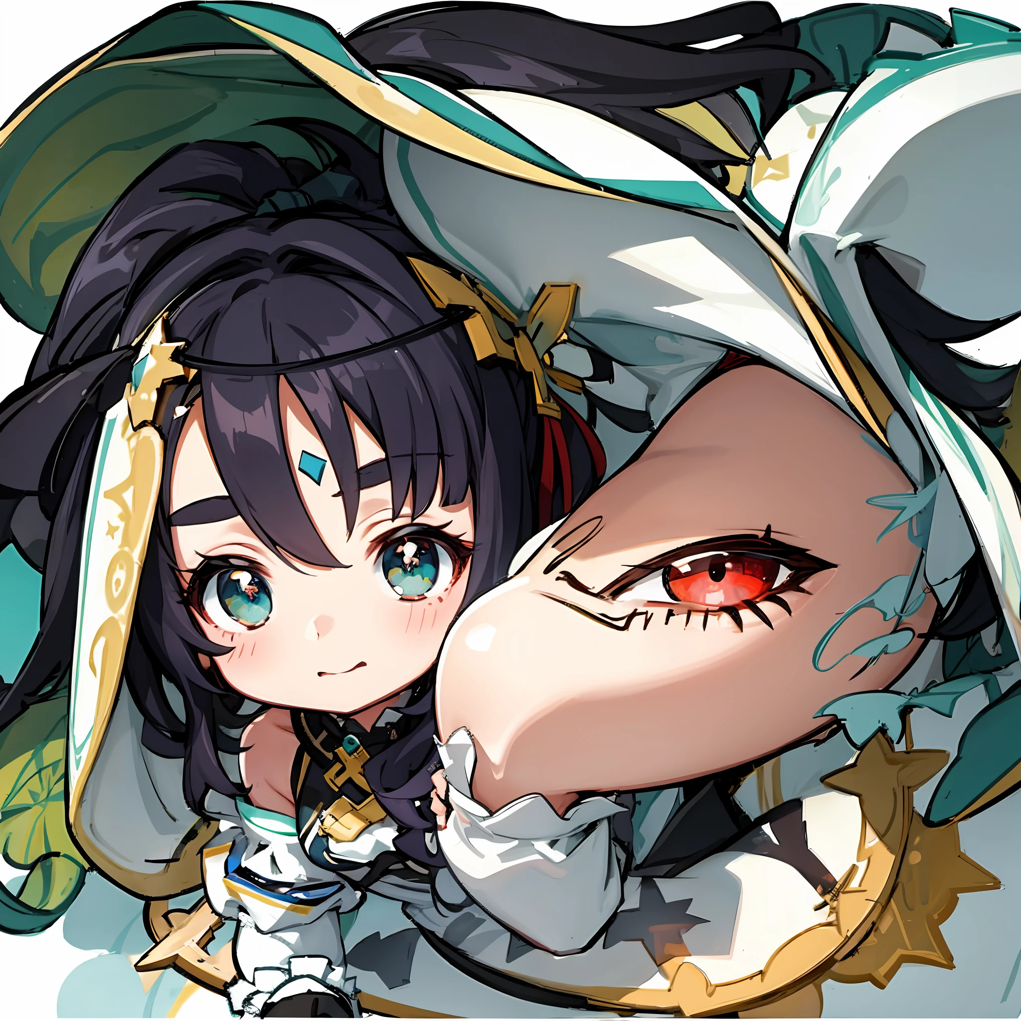 masterpiece, big eyes, (chibi), best quality, masterpiece, (1 girl), (LLChar), movie anime style, dark energy, void, star eyes, white background, black hair,