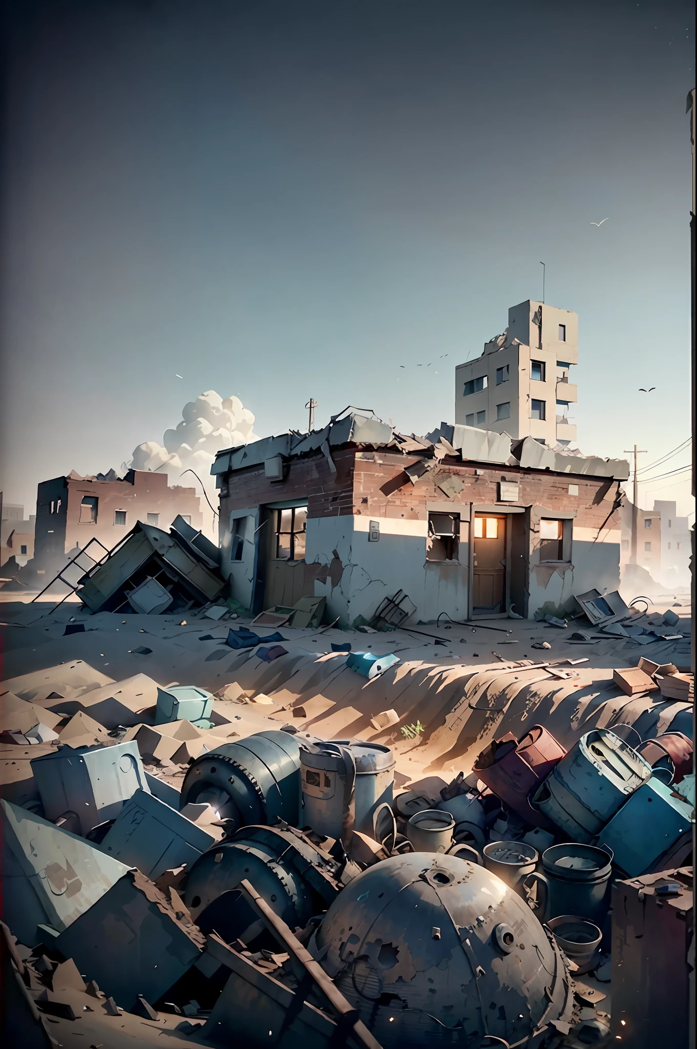 Amazing detailed photography of a prefect post apocalyptic abandoned town in Afghanistan, damaged buildings, sand covered, windy, empty town, garbage and wreckage, 1guy in a long black overcoat with a scarf and goggles standing in the center of the frame, cinematic, eerie, dusty, lonely, scary, tpmm 1.4,cinematic, drama, Cinematic light, soft light, evening