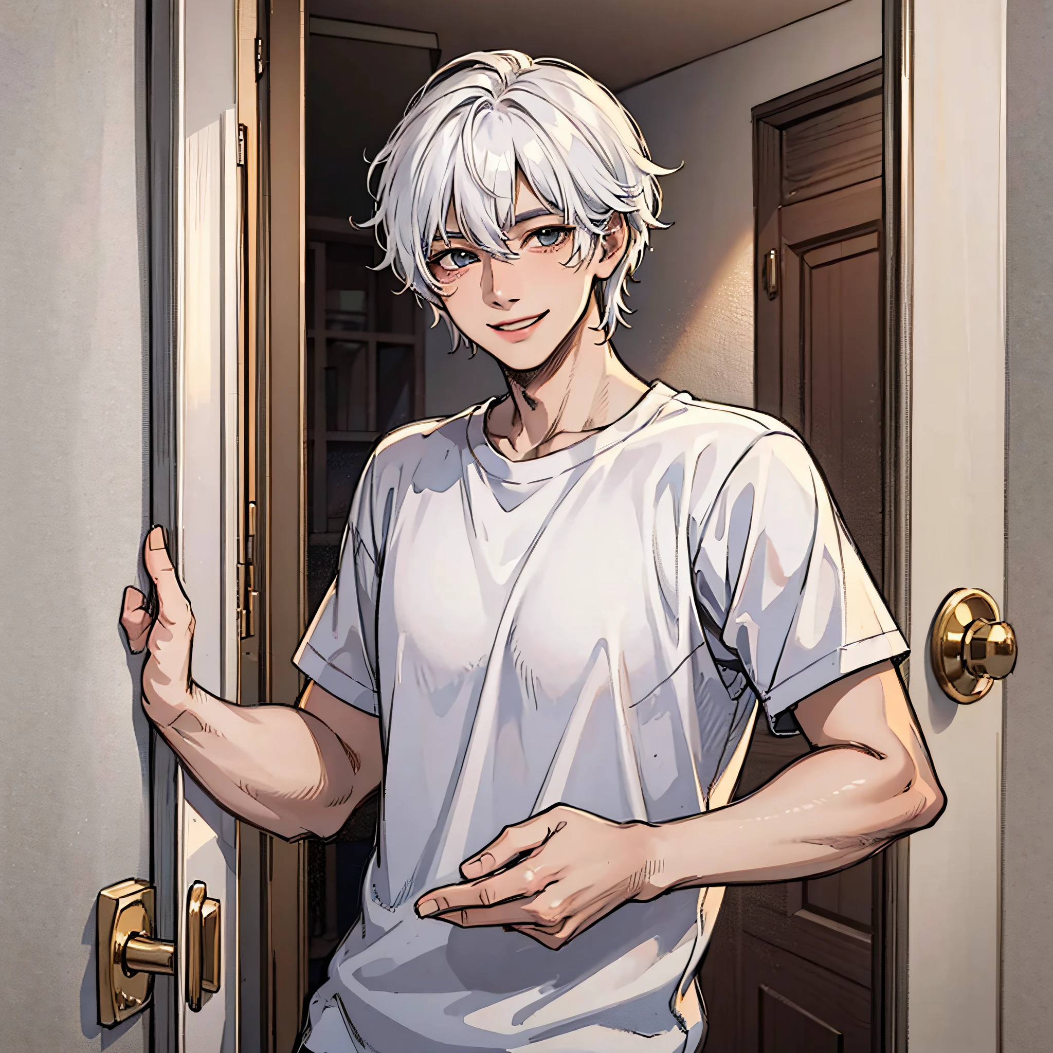 A young man in white short sleeves, white hair, with a smiling expression, was at the door of the room