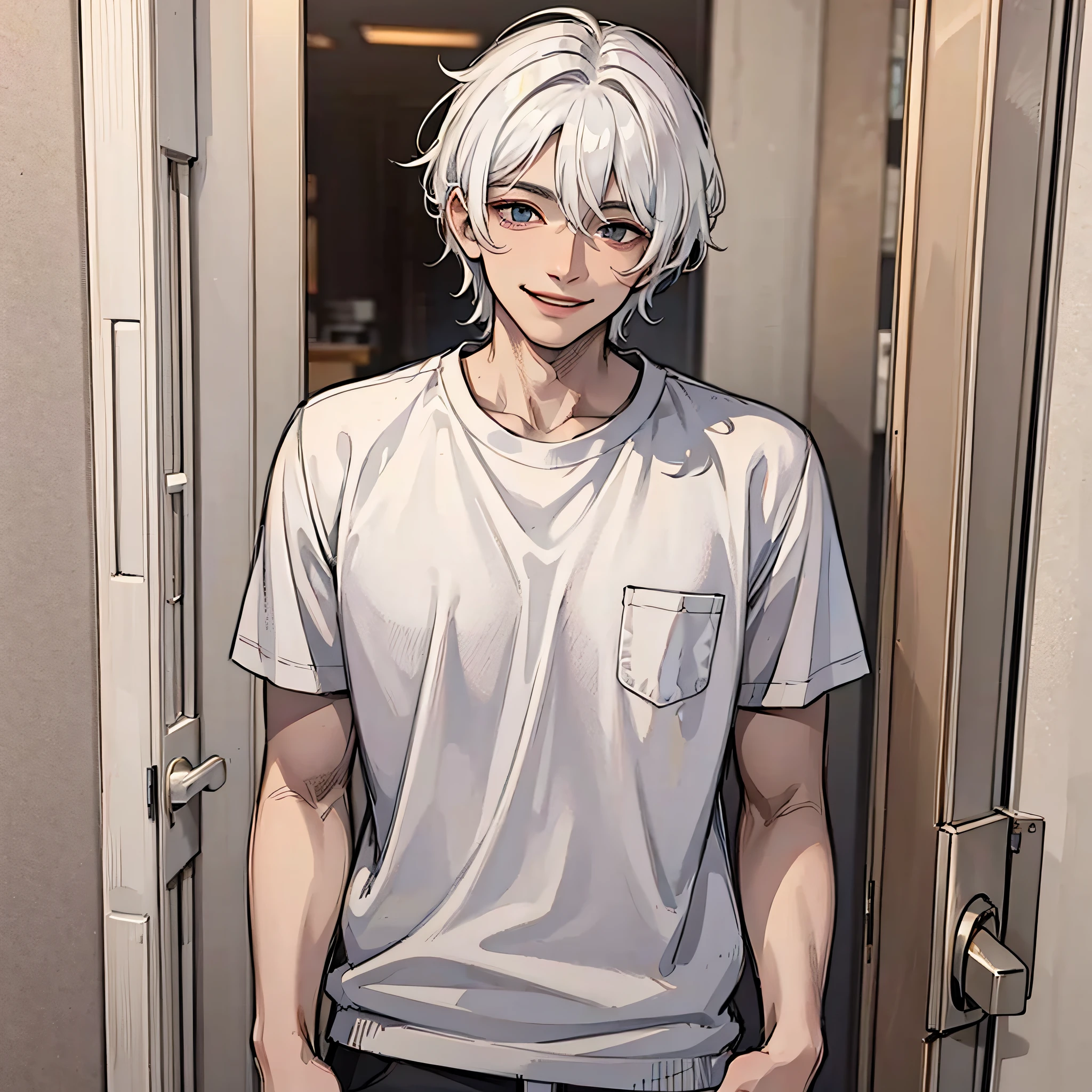 A young man in white short sleeves, white hair, with a smiling expression, was at the door of the room