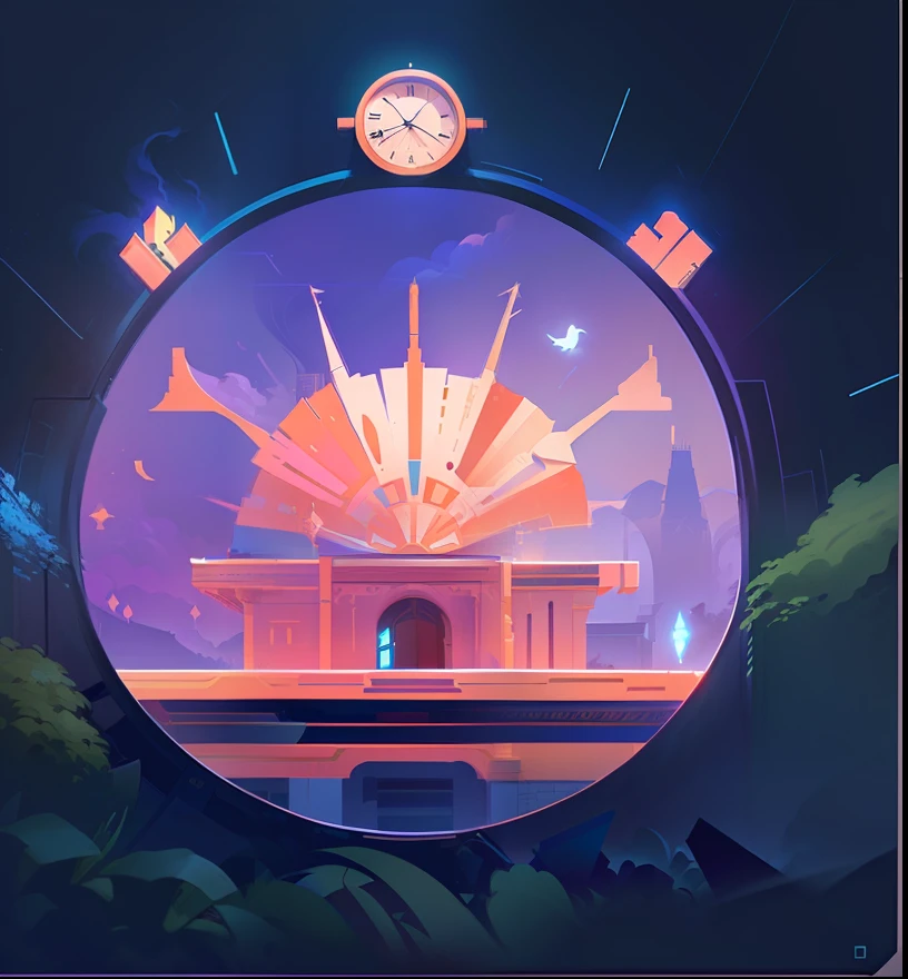 a poster of a building with a clock on it, temple background, palace background, very coherent stylized artwork, ornate borders + concept art, jen bartel, indiecraft aesthetic, card art, beeple daily art, concept illustartion, james gilleard artwork, background art, concept illustration, game illustration, symmetry!! concept art, in style of beeple