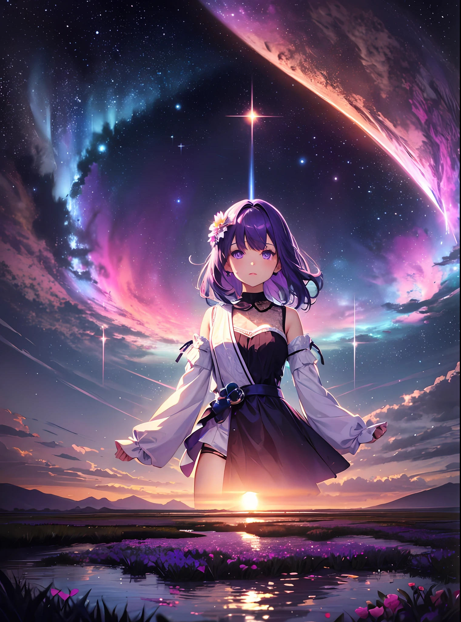 absurdity, high definition, (official art, beauty and aesthetics: 1.2),
1 girl, purple hair, middle hair, purple crystal eyes, shiny eyes,
purple sky, glittering galaxies, (Uyuni salt marsh: 1.2),
(Surrealism: 1.15), (fractal art: 0.3),
water effect, ripple effect, (flower effect: 0.65), light effect,