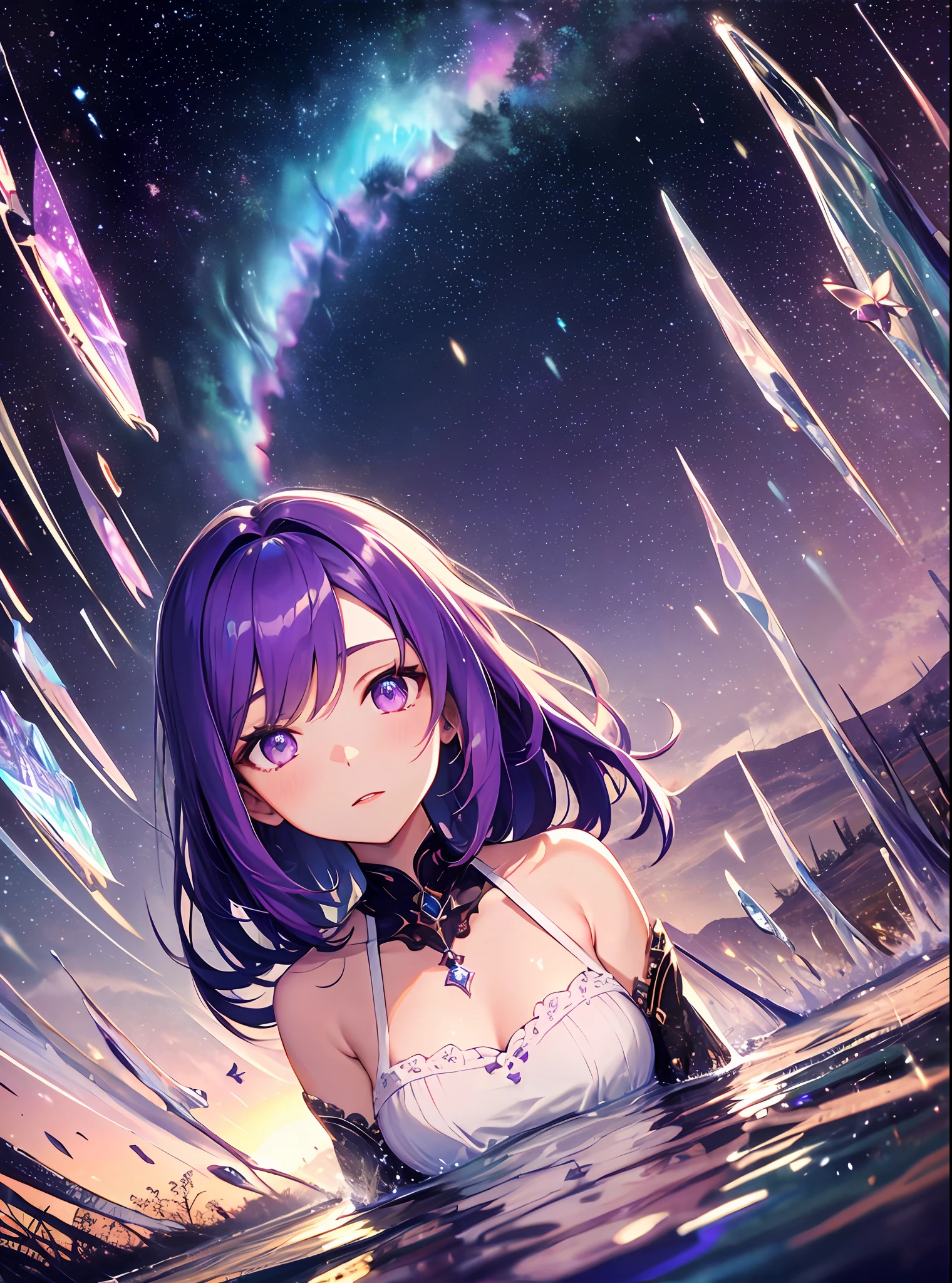 absurdity, high definition, (official art, beauty and aesthetics: 1.2),
1 girl, purple hair, middle hair, purple crystal eyes, shiny eyes,
purple sky, glittering galaxies, (Uyuni salt marsh: 1.2),
(Surrealism: 1.15), (fractal art: 0.3),
water effect, ripple effect, (flower effect: 0.65), light effect,