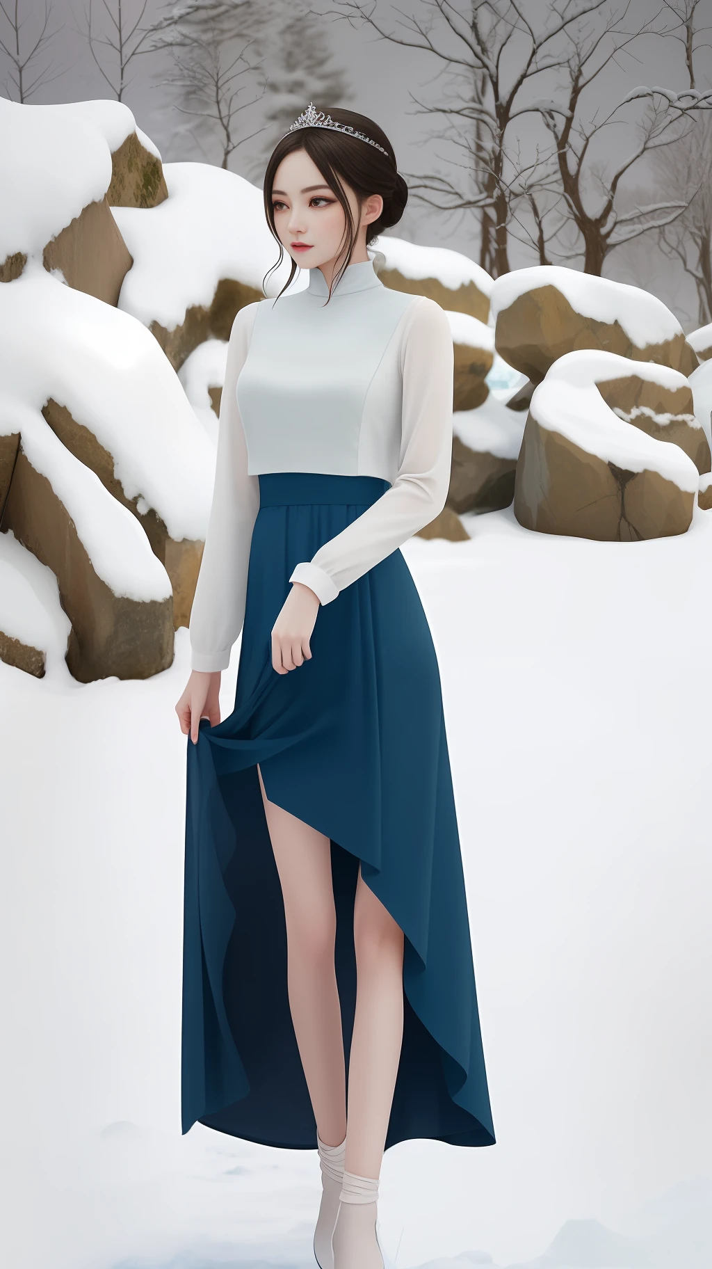 High quality, masterpiece, 8k, (1 girl, two ponytails), in the scenery of the Ice Age, a beautiful maiden comes into the picture. She wore a gorgeous long dress, the hem of the skirt was painted with gorgeous patterns, and the color of the dress showed a mixture of ice blue and pure white, which highlighted her delicate and noble. She wears a white crown, her hair draped over her shoulders, silky and fluttering in the wind. Her eyes were bright and shining, and her eyes revealed a hint of softness and clarity, as if they were a clear spring. The girl stood gracefully on a snow-white ice and snow, her posture tall and elegant. Her hands gently grasped the hem of her skirt, and her delicate little feet gently stepped on the ice and snow, as if her steps would not only not destroy this pure land, but also make it more beautiful. The whole picture highlights the delicate and noble girl who stands on ice and snow, but gives people a feeling of warmth and peace. The surrounding environment is a pure and cold snowscape, and in the distance is a towering and majestic snow-capped mountain, the peaks of which are covered with year-round ice and snow, creating a mysterious and enchanting atmosphere. This beautiful girl stands on the snowy mountain, as if she is the embodiment of the ice queen, showing people her beauty and power.
