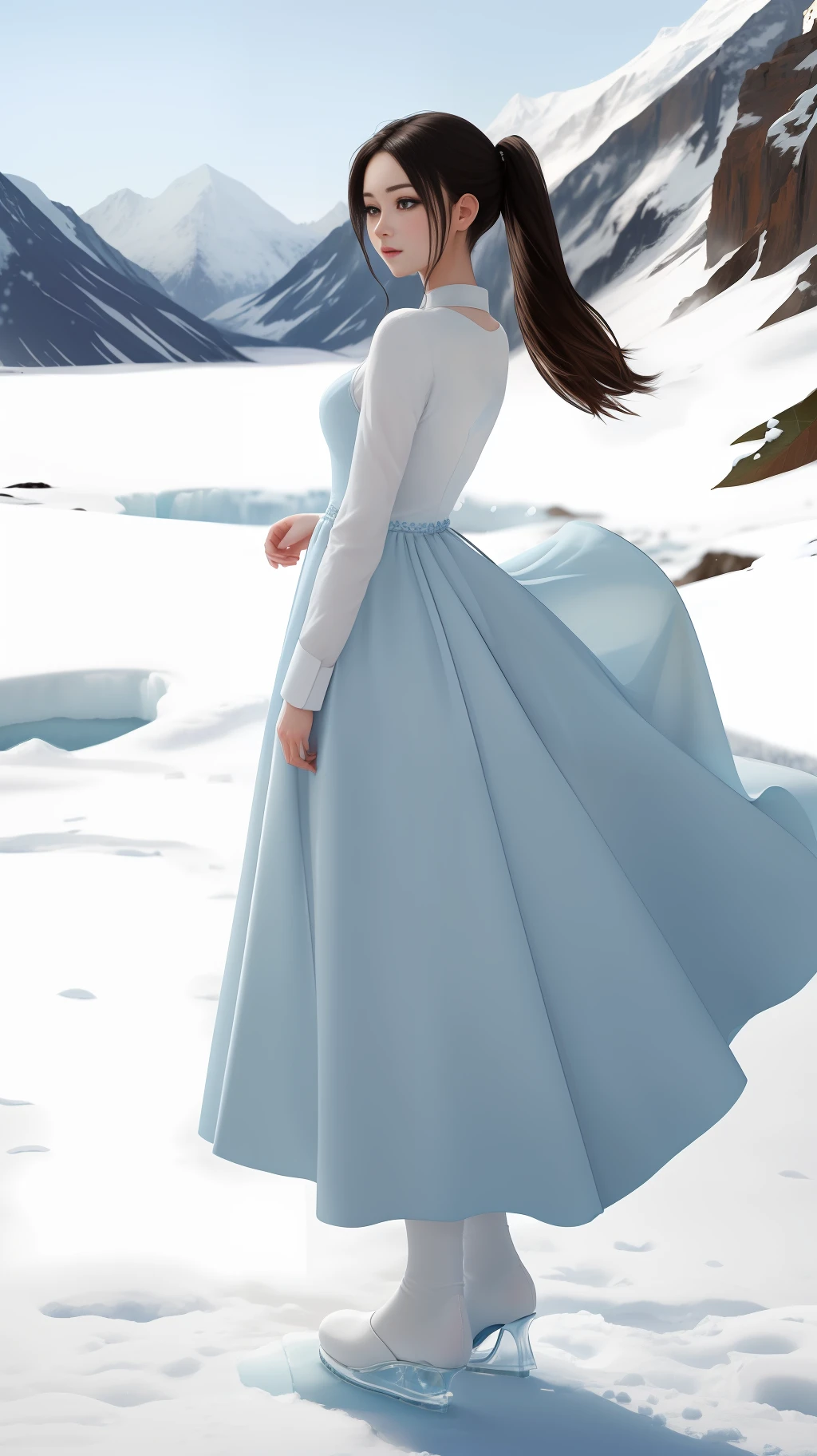 High quality, masterpiece, 8k, (1 girl, two ponytails), in the scenery of the Ice Age, a beautiful maiden comes into the picture. She wore a gorgeous long dress, the hem of the skirt was painted with gorgeous patterns, and the color of the dress showed a mixture of ice blue and pure white, which highlighted her delicate and noble. She wears a white crown, her hair draped over her shoulders, silky and fluttering in the wind. Her eyes were bright and shining, and her eyes revealed a hint of softness and clarity, as if they were a clear spring. The girl stood gracefully on a snow-white ice and snow, her posture tall and elegant. Her hands gently grasped the hem of her skirt, and her delicate little feet gently stepped on the ice and snow, as if her steps would not only not destroy this pure land, but also make it more beautiful. The whole picture highlights the delicate and noble girl who stands on ice and snow, but gives people a feeling of warmth and peace. The surrounding environment is a pure and cold snowscape, and in the distance is a towering and majestic snow-capped mountain, the peaks of which are covered with year-round ice and snow, creating a mysterious and enchanting atmosphere. This beautiful girl stands on the snowy mountain, as if she is the embodiment of the ice queen, showing people her beauty and power.