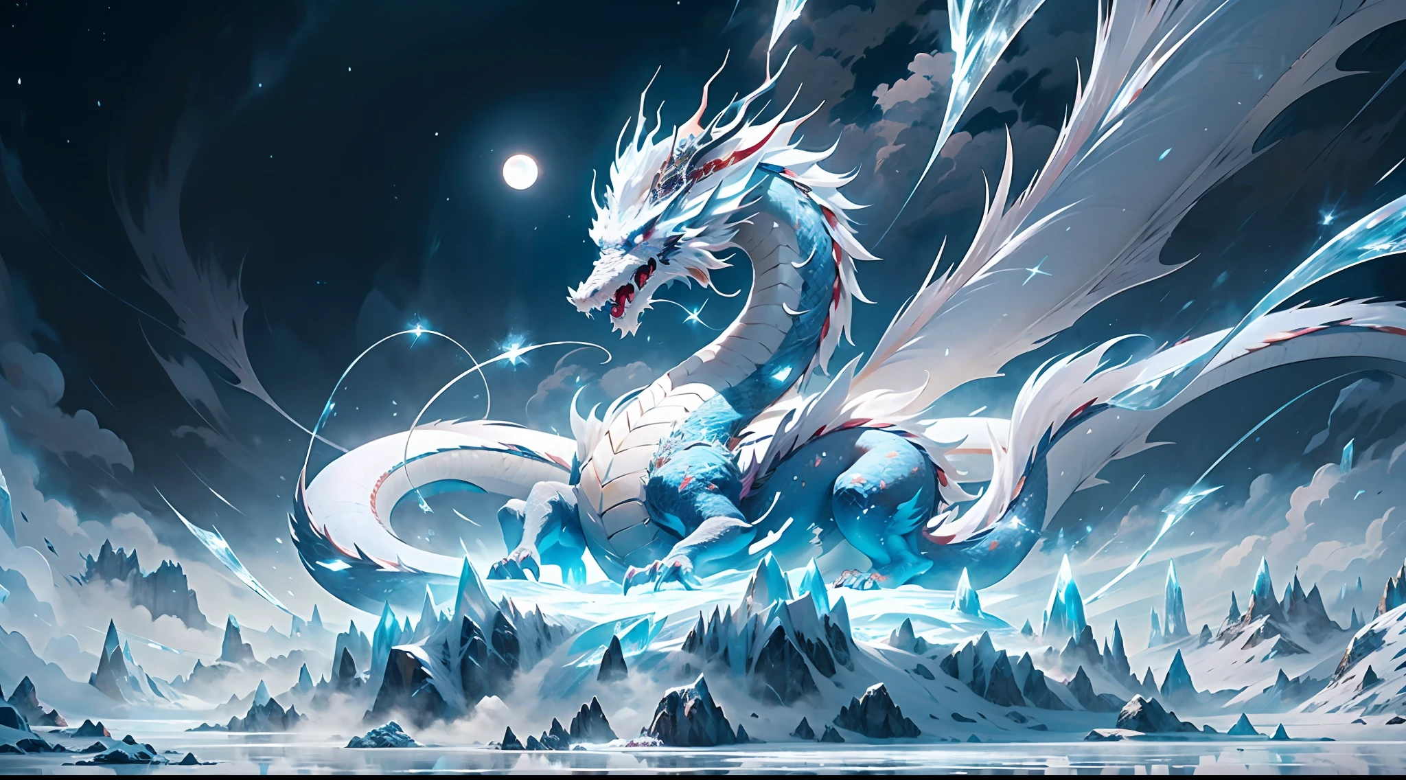 The work depicts an ice age scene full of mystery and magnificence, as if transporting the viewer into an ancient and mysterious realm of magic. In the center of the picture, a glacier dragon stands majestically, its body is composed of countless ice-blue scales, each piece is like an independent ice crystal, under 8K ultra-high definition, the edge of each scale is clearly visible, as if you can feel the cold touch. At the highest part of the dragon's head, the two eyes are like two bright stars, shining with cold and sharp light. In this icy world, dragons are the only life, as if they were the masters of the ice age. The body of the dragon winds and zigzags, like a huge glacier extending from the mountain peak to the valley, covering a vast ice field. The surface of the glacier is covered with a thick layer of ice and white snow, presenting a magnificent scene of the world of ice and snow. At the foot of the dragon, a huge wall of ice stands, as if it is the gateway to this mysterious world, isolating the connection between humans and this magic domain. In the sky, dark clouds are thick, and lightning flashes through the clouds like flames, emitting a shocking light. This ice age magic domain is full of mysterious energy, and strong electromagnetic fields distort the surrounding landscape, creating strange forms and colors. In this icy world, the element of fire exists in the form of lightning, bringing a blazing life to the icy world. On the distant skyline, a bright moon slowly rises, casting a faint glow. The moonlight shines through the mist on the glacier, reflecting the twinkling ice crystals, creating a mysterious and dreamy atmosphere. The whole picture emphasizes the magnificence and mystery of the ice age, and conveys the unique atmosphere of this ice magic domain through the use of light and shadow and the change of color. The elements of ice and fire are cleverly combined to create a unique visual impact that will not be forgotten. black hair, hair bo