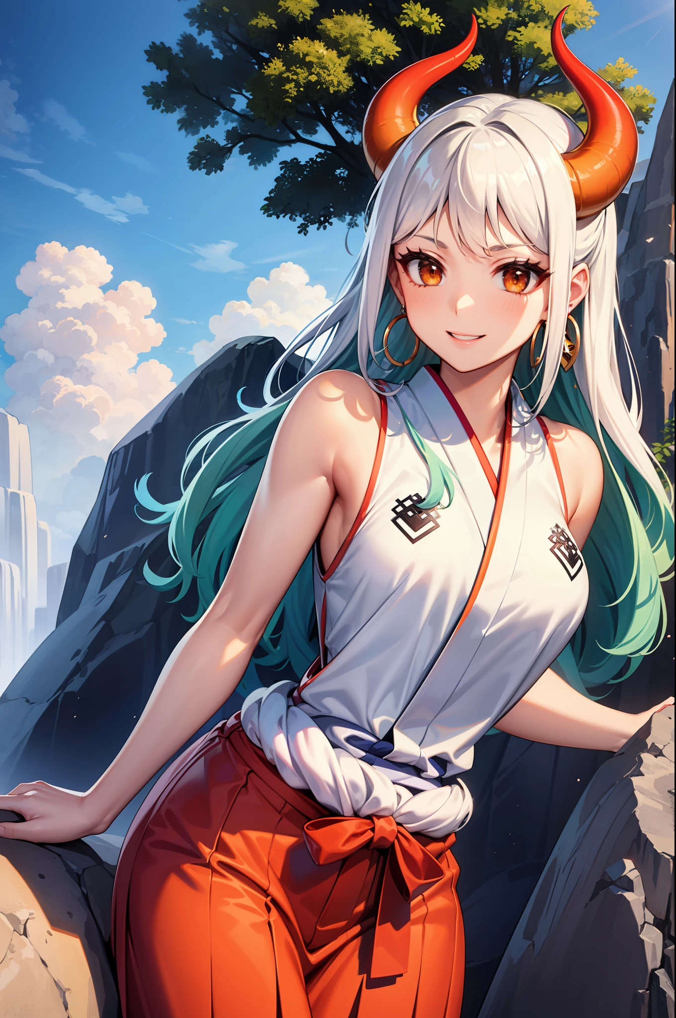 masterpiece, ((ultra detailed background, delicate pattern, intricate detail)), (highly detailed, fine details), best quality,beautiful lighting, (((medium breasts, slim girl, very slim girl))), (cowboy shot), YamatoV2, long hair, 1girl, horns, white hair, solo, oni, red horns, curled horns, hair ornament, (multicolored horns), jewelry, earrings, japanese clothes, kimono, hair stick, sleeveless, bare shoulders, aqua hair, sidelocks, hoop earrings, hakama, smile, wide smile, ((orange eyes)), complex detailed background, outside, nature environment, rocks, sunny, blue sky, sky,