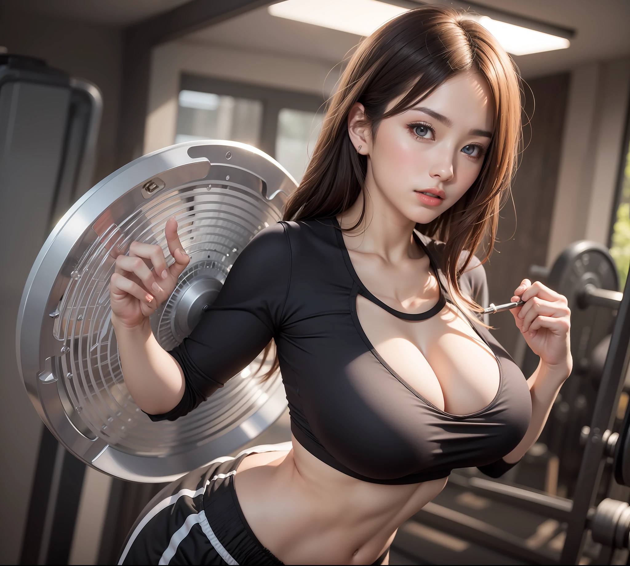 masterpiece, best quality, masterpiece, best quality, official art ,extremely detailed CG unity 8k wallpaper, gym shorts, (huge breasts:1.2), exercise, 1girl  , realistic, real women, photo, photography, looking at viewer, fine body