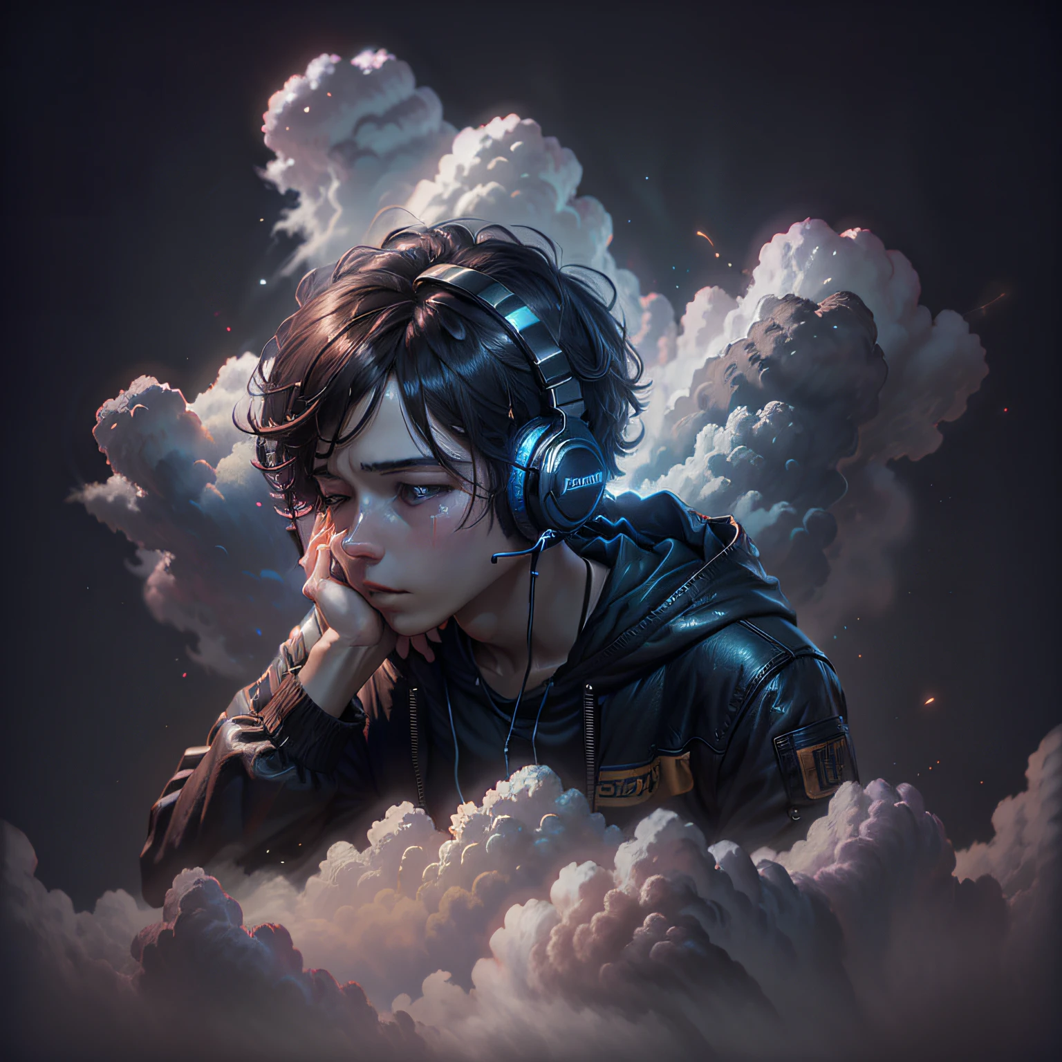 Boy lying in clouds with sad headset --auto