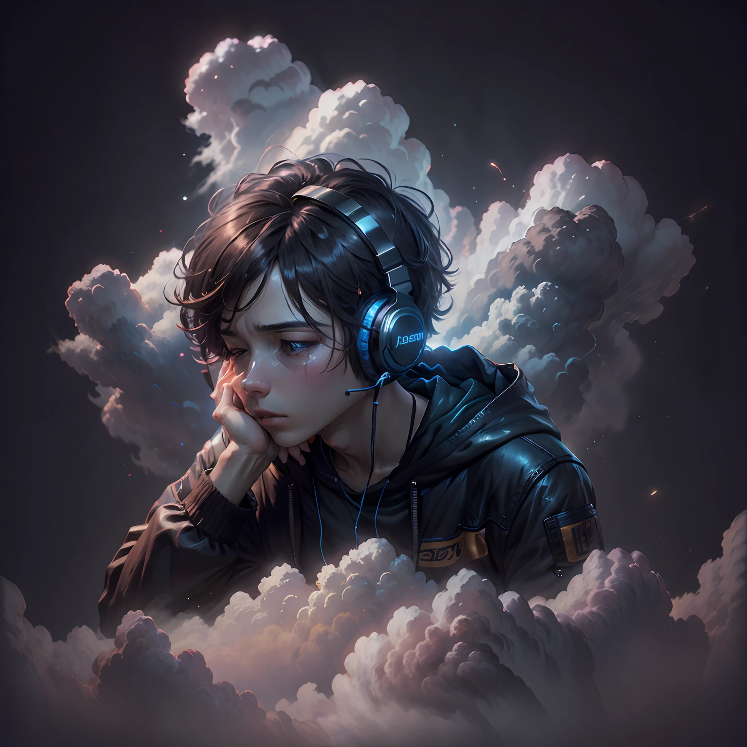 Boy lying in clouds with sad headset --auto
