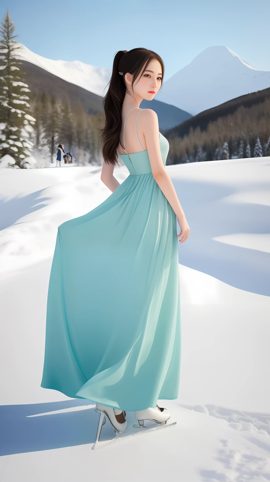 High quality, masterpiece, 8k, (1 girl, two ponytails), in the scenery of the Ice Age, a beautiful maiden comes into the picture. She wore a gorgeous long dress, the hem of the skirt was painted with gorgeous patterns, and the color of the dress showed a mixture of ice blue and pure white, which highlighted her delicate and noble. She wears a white crown, her hair draped over her shoulders, silky and fluttering in the wind. Her eyes were bright and shining, and her eyes revealed a hint of softness and clarity, as if they were a clear spring. The girl stood gracefully on a snow-white ice and snow, her posture tall and elegant. Her hands gently grasped the hem of her skirt, and her delicate little feet gently stepped on the ice and snow, as if her steps would not only not destroy this pure land, but also make it more beautiful. The whole picture highlights the delicate and noble girl who stands on ice and snow, but gives people a feeling of warmth and peace. The surrounding environment is a pure and cold snowscape, and in the distance is a towering and majestic snow-capped mountain, the peaks of which are covered with year-round ice and snow, creating a mysterious and enchanting atmosphere. This beautiful girl stands on the snowy mountain, as if she is the embodiment of the ice queen, showing people her beauty and power.