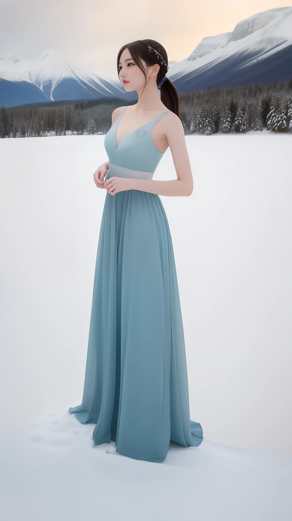 High quality, masterpiece, 8k, (1 girl, two ponytails), in the scenery of the Ice Age, a beautiful maiden comes into the picture. She wore a gorgeous long dress, the hem of the skirt was painted with gorgeous patterns, and the color of the dress showed a mixture of ice blue and pure white, which highlighted her delicate and noble. She wears a white crown, her hair draped over her shoulders, silky and fluttering in the wind. Her eyes were bright and shining, and her eyes revealed a hint of softness and clarity, as if they were a clear spring. The girl stood gracefully on a snow-white ice and snow, her posture tall and elegant. Her hands gently grasped the hem of her skirt, and her delicate little feet gently stepped on the ice and snow, as if her steps would not only not destroy this pure land, but also make it more beautiful. The whole picture highlights the delicate and noble girl who stands on ice and snow, but gives people a feeling of warmth and peace. The surrounding environment is a pure and cold snowscape, and in the distance is a towering and majestic snow-capped mountain, the peaks of which are covered with year-round ice and snow, creating a mysterious and enchanting atmosphere. This beautiful girl stands on the snowy mountain, as if she is the embodiment of the ice queen, showing people her beauty and power.