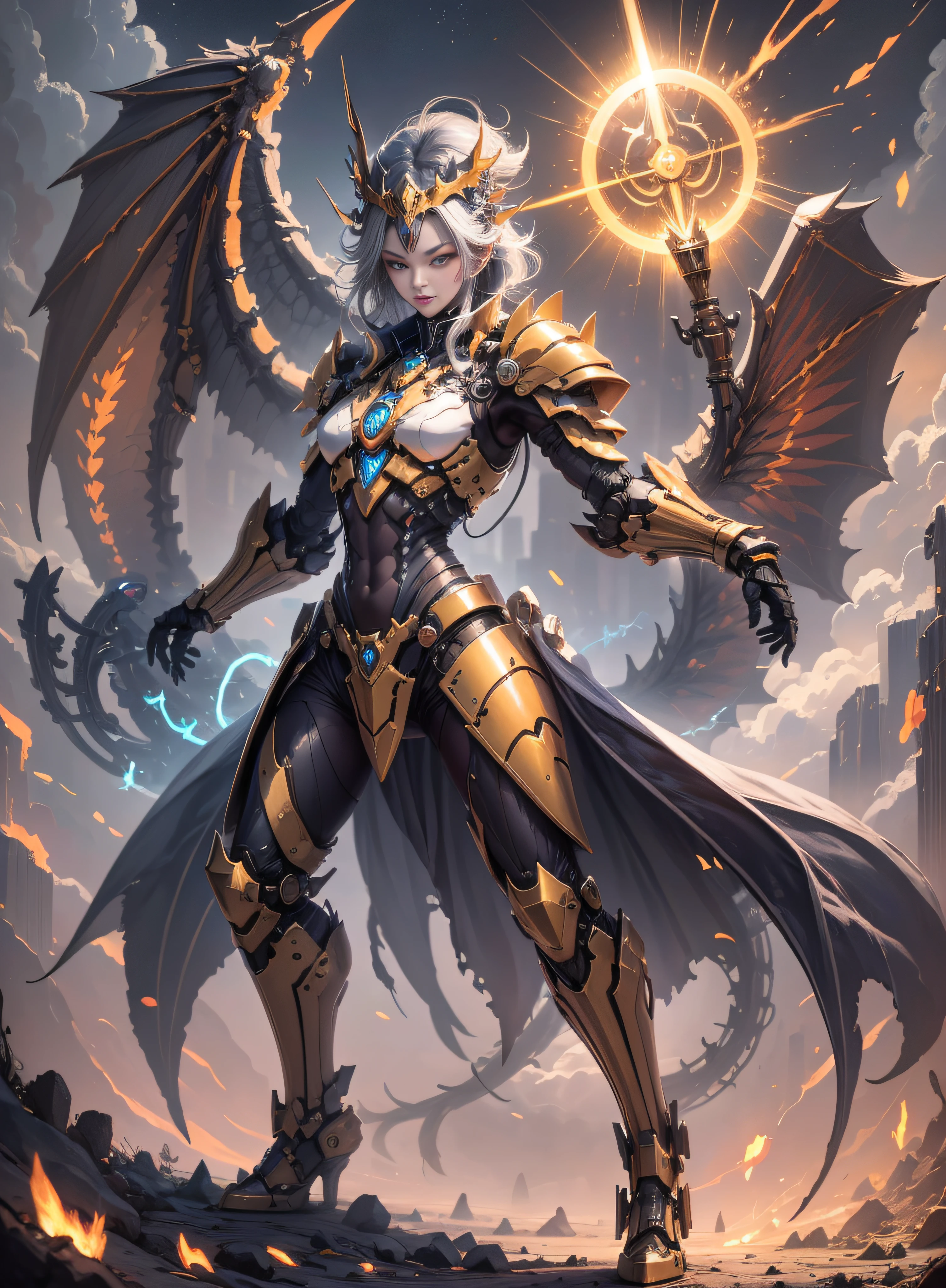 1 demon, emperor of darkness, detailed eyes, detailed face, detailed skin, mature body, tall body, seductive body, whole body, desert BREAK and pyramid bottoms, holding only a holy sun scepter, phoenix dragon in the sky, highly saturating sun rays, holy ceremony, angelic halo, dazzling golden and orange spark around, sacred magic circle, golden crown, golden majestic lightning, best quality, masterpiece, trend in art station, BREAK, detailed, realistic, highly detailed digital art 8k, octane rendering, bioluminescent, concept art resolution BREAK 8K, realism, by studios Mappa, masterpiece, best quality, official art, illustration, ligne claire, (cool_color), perfect composition, absurdists, fantasy, focused, full body in attack pose, night sky with clouds, full moon, 8k,