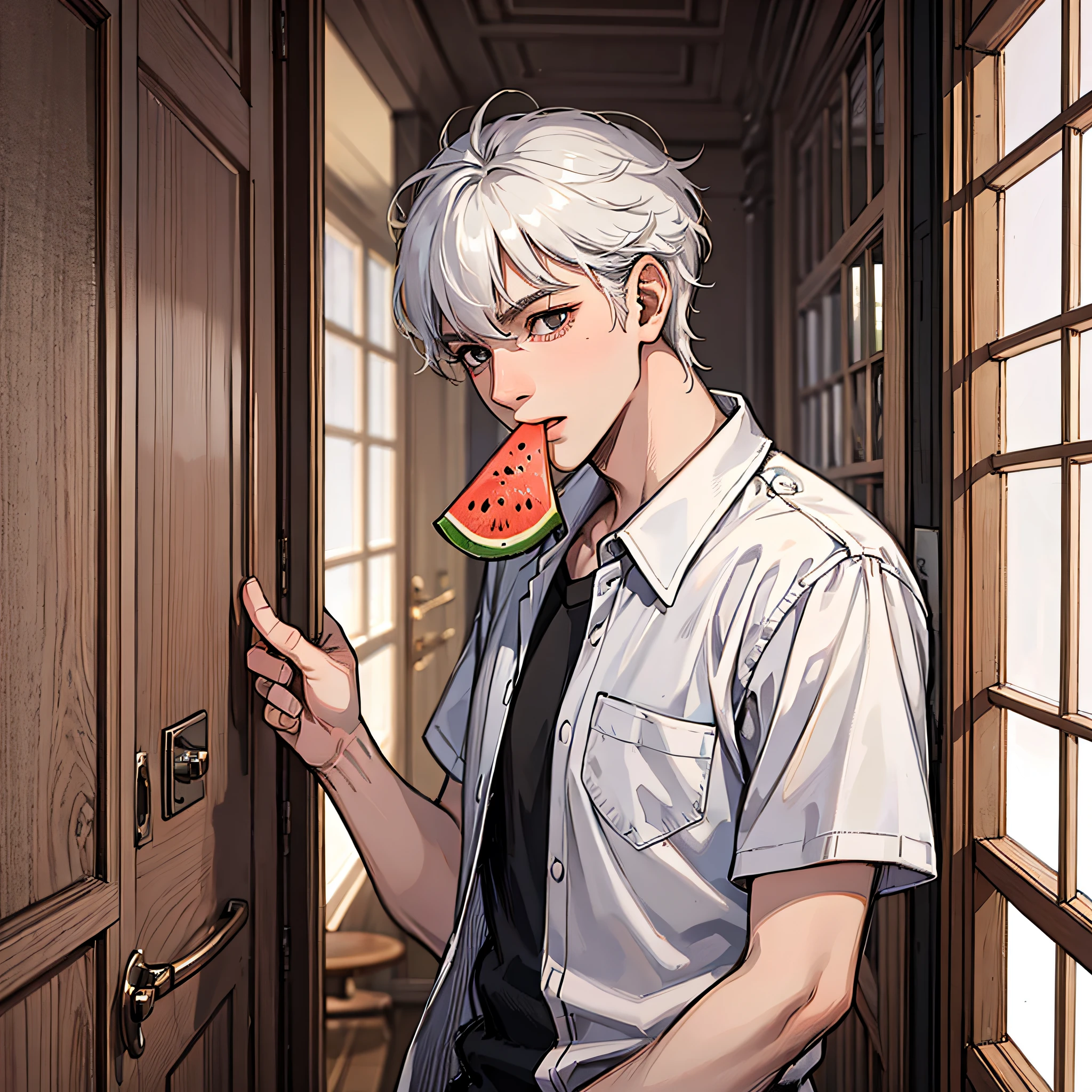 A young man in white short-sleeved man, white-haired, eating watermelon, was at the door of the room