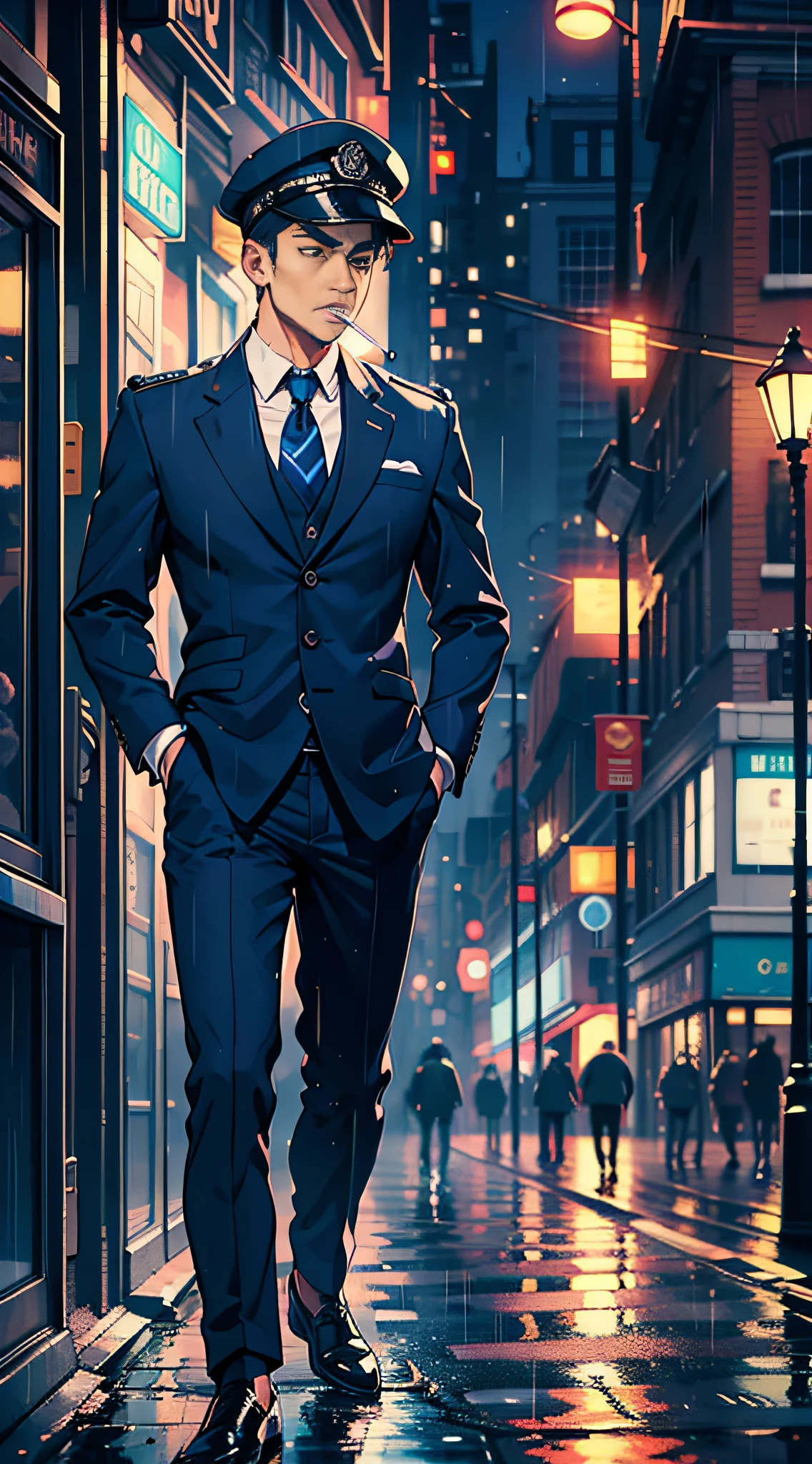 Vertical scene, full body shot, a man in dark blue uniform smoking, dark blue trousers, suit, square face, tough, cigarette, black sky, standard hat, night, rain, smooth streets of London after a downpour