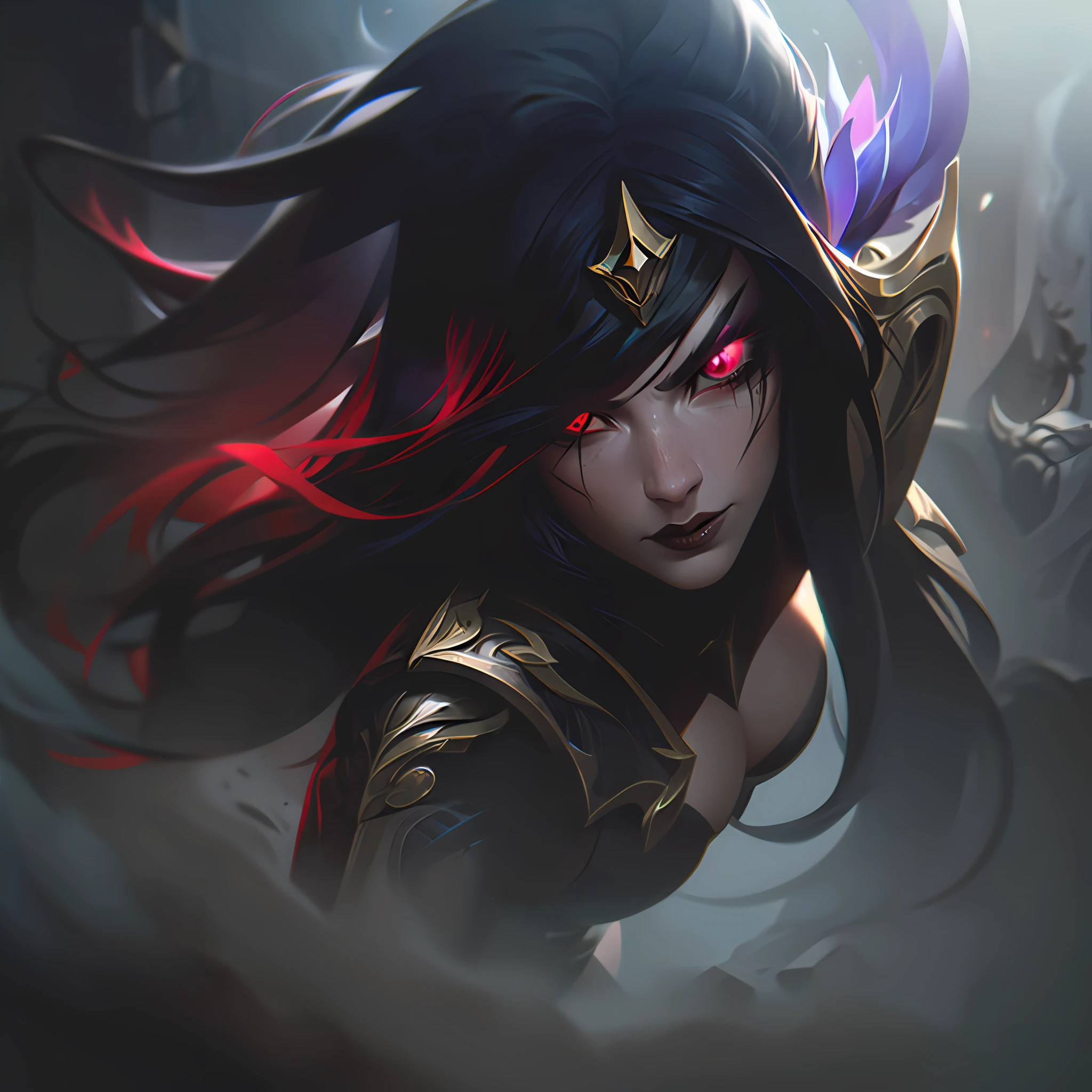 ((masterpiece, ultra detailed)), concept art, illustration, digital art, 1girl, solo, pale young woman surrounded by black smoke with ash ((angry face)) hidden in gothic cathedral, ( (very long hair, black hair)),((red iris and pupil)), knight, silver black knight armor, ((incredibly beautiful)), beautiful eyes, dynamic pose, battle posture ready, elegant pose, red ash, black volumetric smoke dense dark theme,  black smoke with ash, dark theme, hdr, bloom, bright, dimming lighting, backlight, cinematic lighting, soft lighting, natural lighting, dramatic lighting, dark lighting, (ornate), intricate, highly detailed, hyper-realistic, trend in artstation, award-winning, fascinating, elegant, RAW photo, absurd, highres, 4k, studio quality, octane, 8k uhd, League of Legends close-up, splash art, ha,  Ionia, Noxian armor
 PARENT
 INFO
Size
768X768
Date
Today01:08 AM
Guy
Grip
the