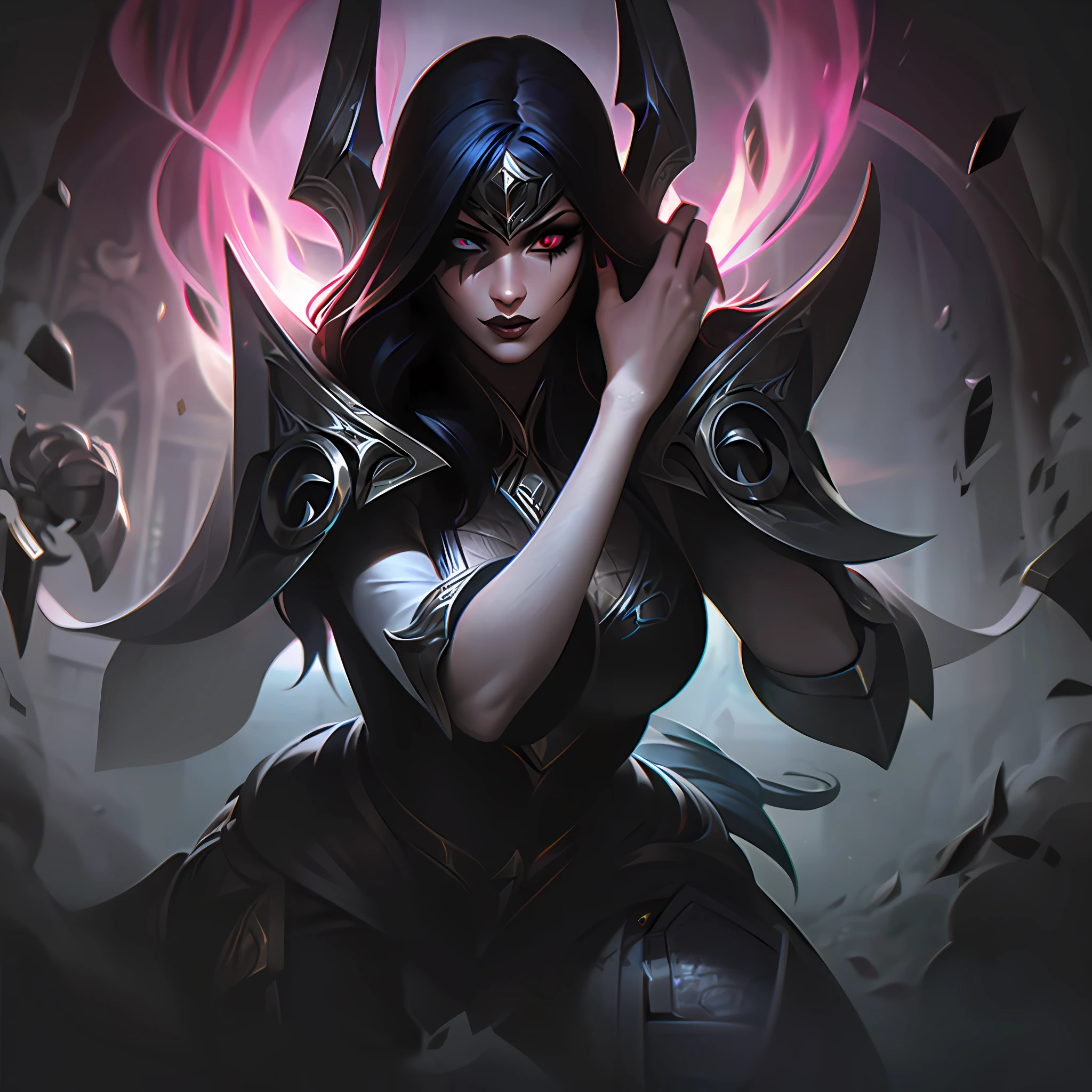 ((masterpiece, ultra detailed)), concept art, illustration, digital art, 1girl, solo, pale young woman surrounded by black smoke with ash ((angry face)) hidden in gothic cathedral, ( (very long hair, black hair)),((red iris and pupil)), knight, silver black knight armor, ((incredibly beautiful)), beautiful eyes, dynamic pose, battle posture ready, elegant pose, red ash, black volumetric smoke dense dark theme,  black smoke with ash, dark theme, hdr, bloom, bright, dimming lighting, backlight, cinematic lighting, soft lighting, natural lighting, dramatic lighting, dark lighting, (ornate), intricate, highly detailed, hyper-realistic, trend in artstation, award-winning, fascinating, elegant, RAW photo, absurd, highres, 4k, studio quality, octane, 8k uhd, League of Legends close-up, splash art, ha,  Ionia, Noxian armor
 PARENT
 INFO
Size
768X768
Date
Today01:08 AM
Guy
Grip
the