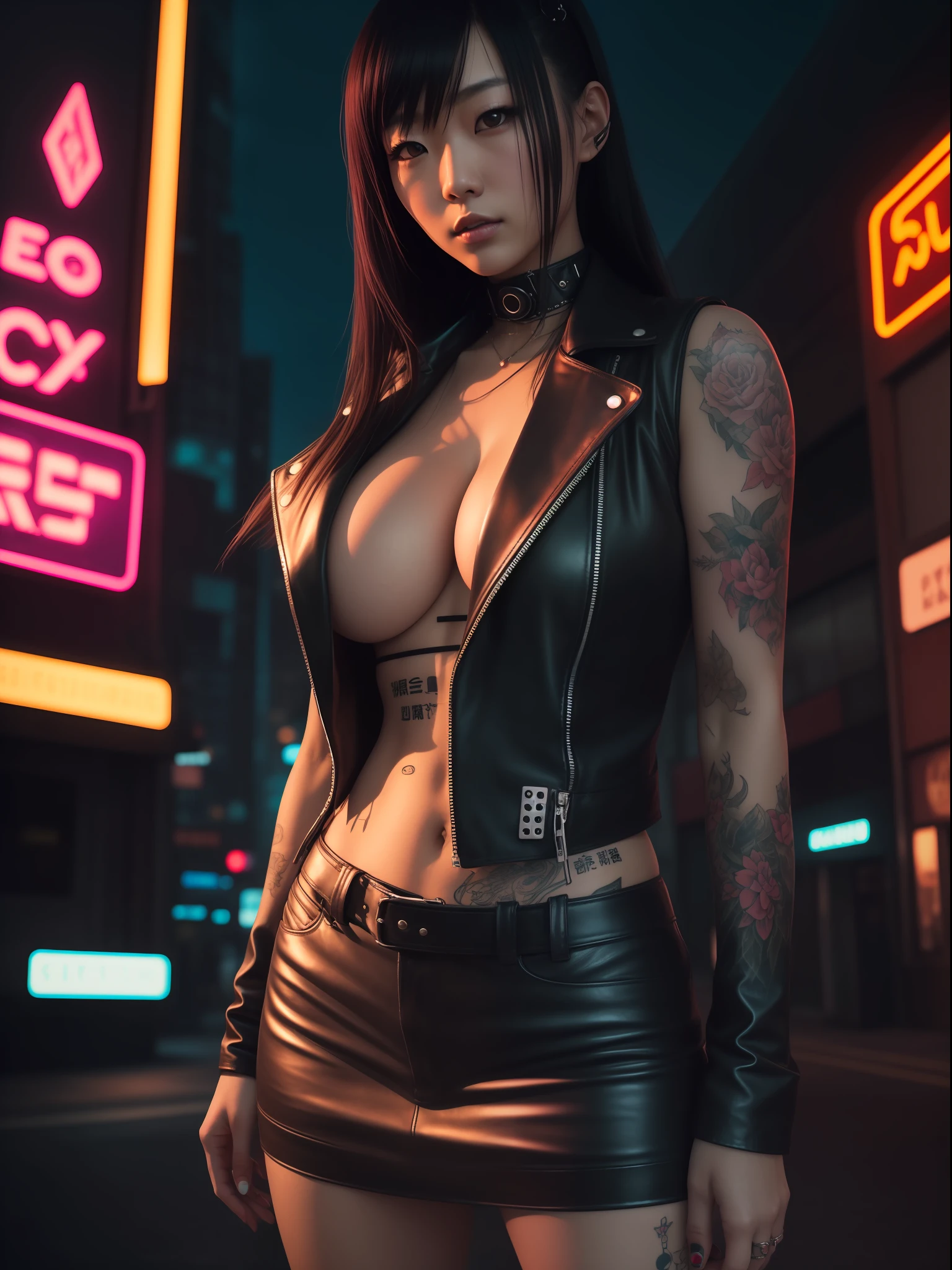 Close-up, a gorgeous Japanese woman with huge breasts in a dystopian city with neon signs and holograms projected onto buildings and the desert sky, punk leather clothing, tattoos, long straight black hair, day. cyberpunk aesthetics, action film shot by Kon Satoshi, Semi Impasto style, matte paint, atmospheric, bright, dramatic lighting