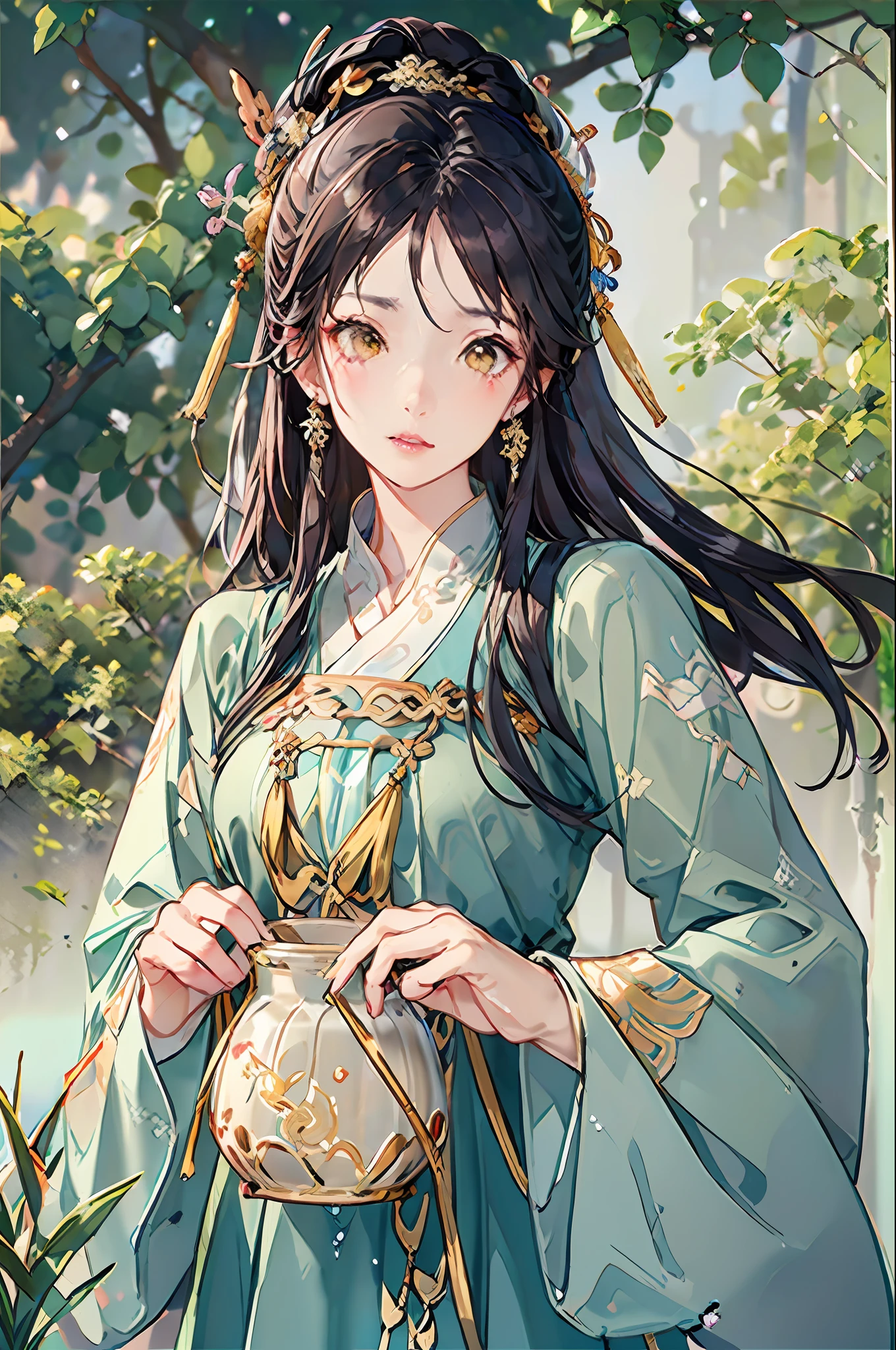 best quality, intricate details, highres,(beautiful detailed water:1.4),(hanfu, tang style),yellow eyes,(1girl in glass jar:1.1),