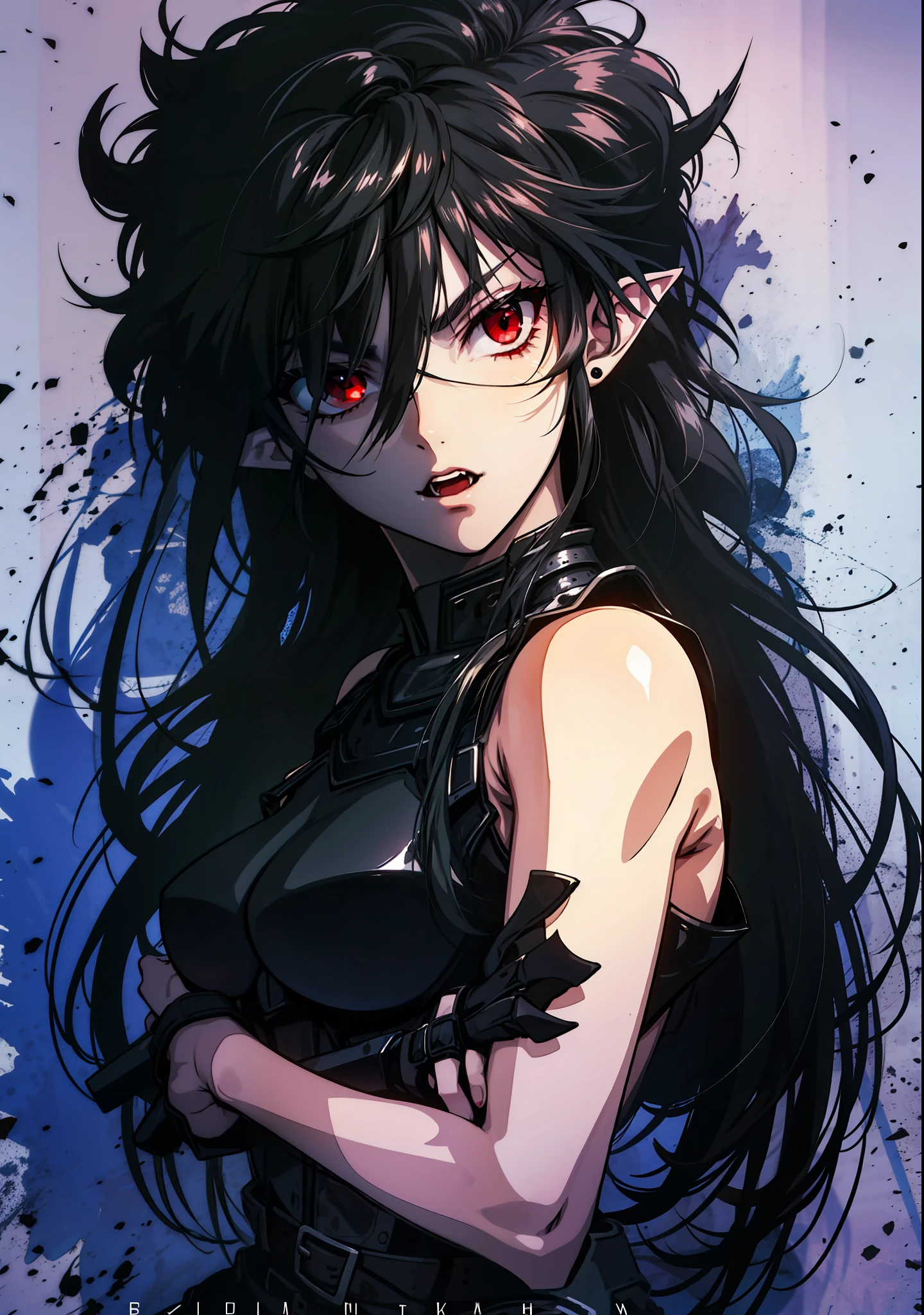 Girl,pointy ears,red eyes,dressed in armor,vampire,4k,black hair