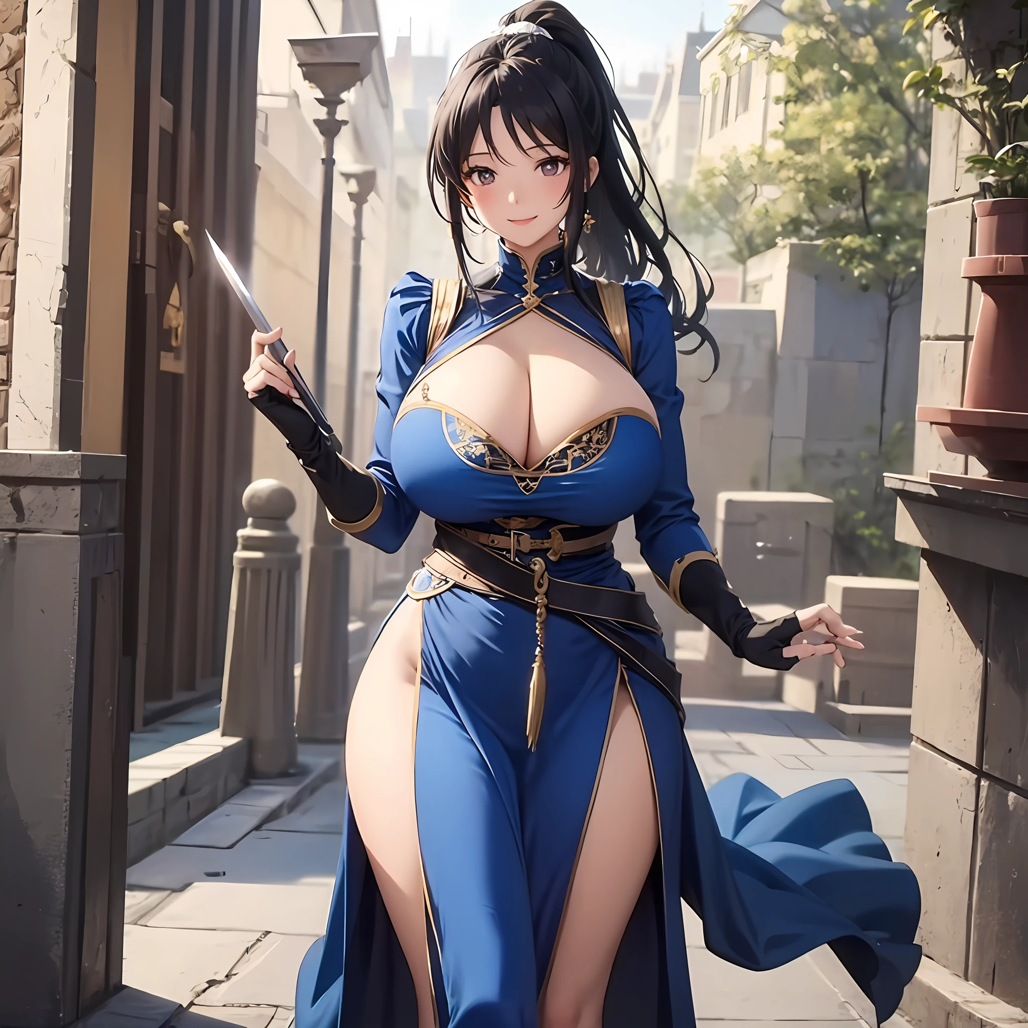 Girl alone, single, hide breasts, do not show cleavage, costume with slit, blue costume, long hair, black hair that reaches to the waist, ponytail, gentle smile, smile, lightly open lips, blush, embarrassed, shy, tall, fingerless gloves, sword, meadow, fantasy, rpg, masterpiece, best quality, refreshing breeze, 8K, medieval, not modern, breastmuff (huge breasts: 1.2)