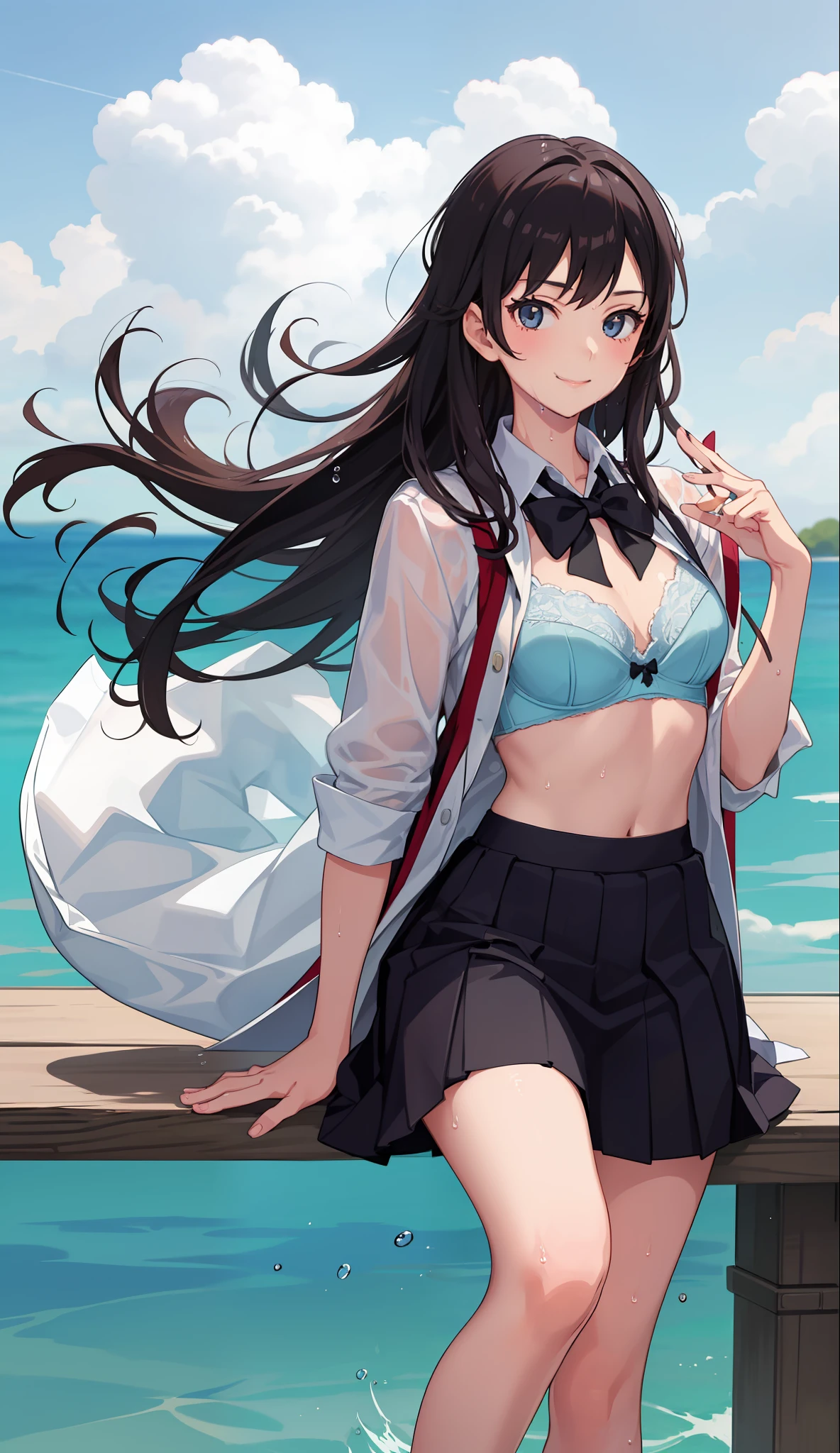 1 girl, smile, shirt, skirt, (small) chiralism, Japan high school school uniform, seravuk, summer clothes, squall-wet uniform, sheer bra, (portrait from knee up),