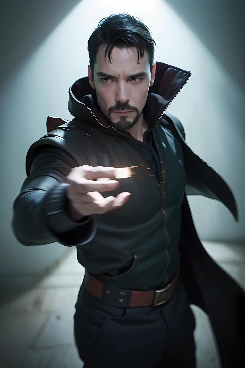 Cinematic poster of Doctor Strange in dynamic pose of super powers. use wtruffan face, handsome man, cinematic lighting, super detail, ccurate, best quality, UHD, 8k, masterpiece, anatomically correct, textured skin, super detail, high detail, high quality, Photo-realistic, raw, kodak, vibrant colors.