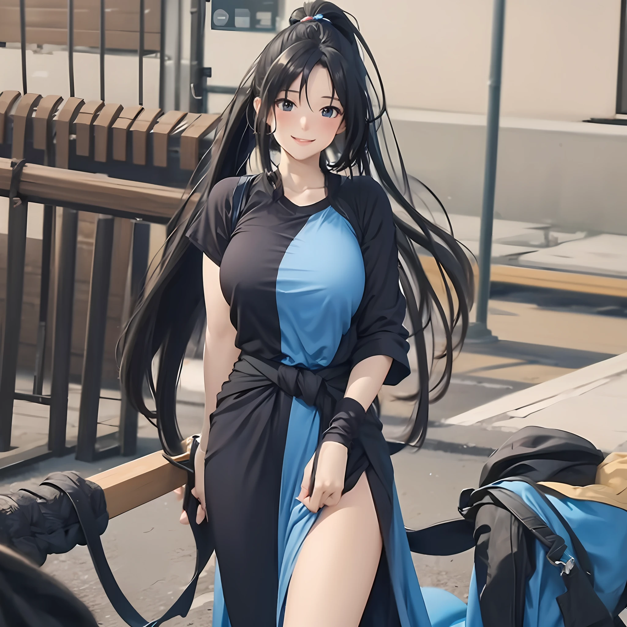 Hide chest, national costume with slit, blue costume, dale, long hair, black hair that reaches to the waist, ponytail, gentle smile, smile, lightly open lips, blush, embarrassed, shy, tall, fingerless gloves, sword, (huge chest: 1.2)