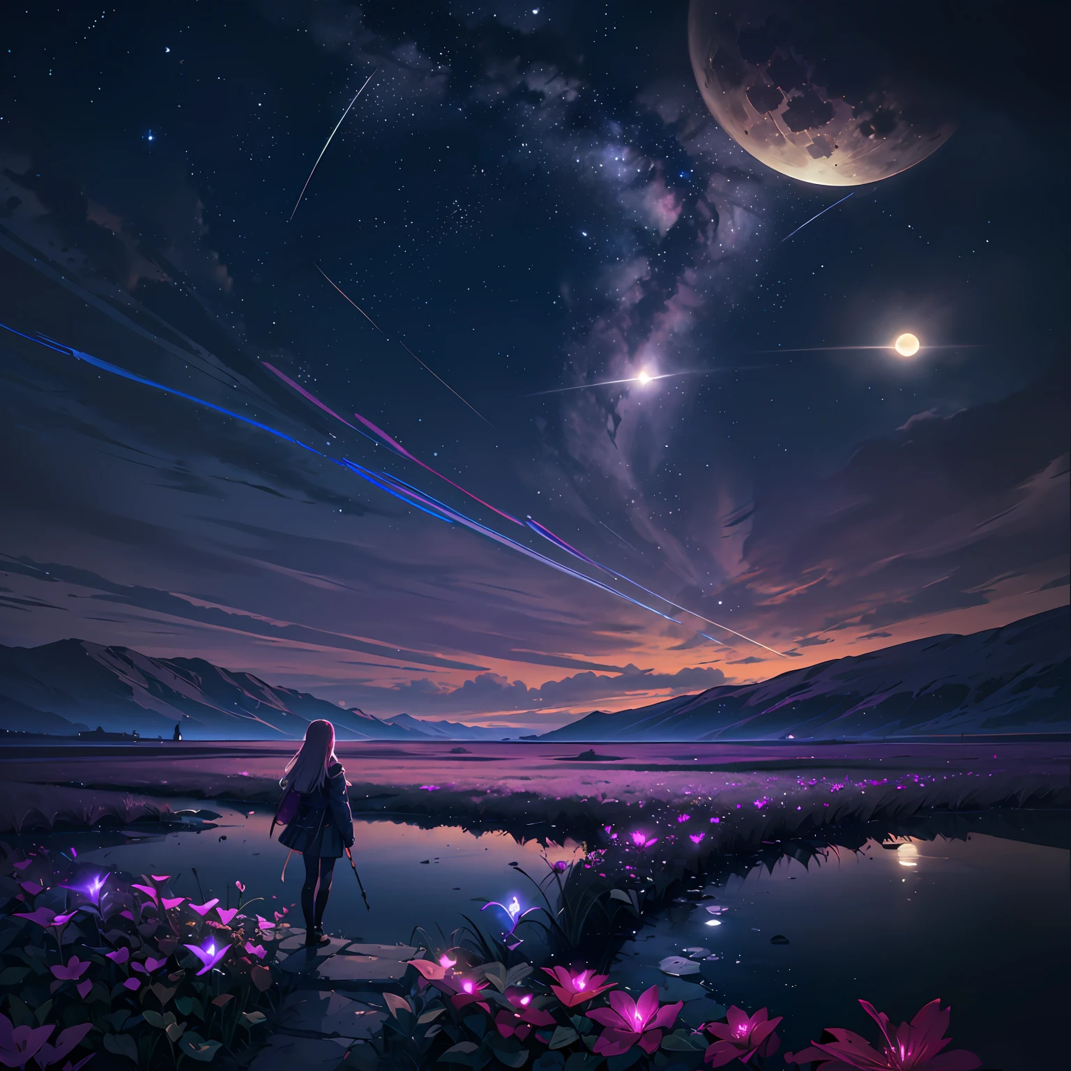 Expansive landscape photograph, (view from below with a view of the sky and the wilderness below), little girl standing in a flower field looking up, (full moon: 1.2), (shooting star: 0.9), (nebula: 1.3), distant mountain, tree break production art, (warm light source: 1.2), (firefly: 1.2), lamp, purple and orange, intricate detail, volume lighting BREAK (masterpiece: 1.2), (highest quality ), 4k, ultra-detailed, (dynamic configuration: 1.4), highly detailed and colorful details (iridescent: 1.2), (sparkling lighting, atmospheric lighting), dreamy, magical, (solo: 1.2) --auto
