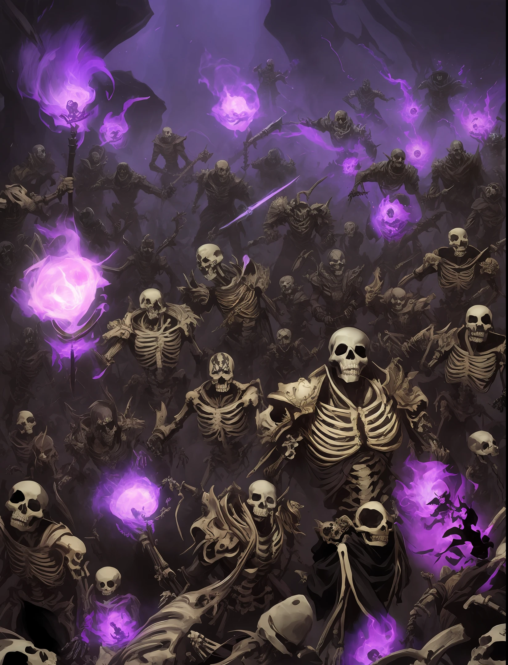 Necromancer, purple energy, glowing eyes, army of the dead, various skeletons.