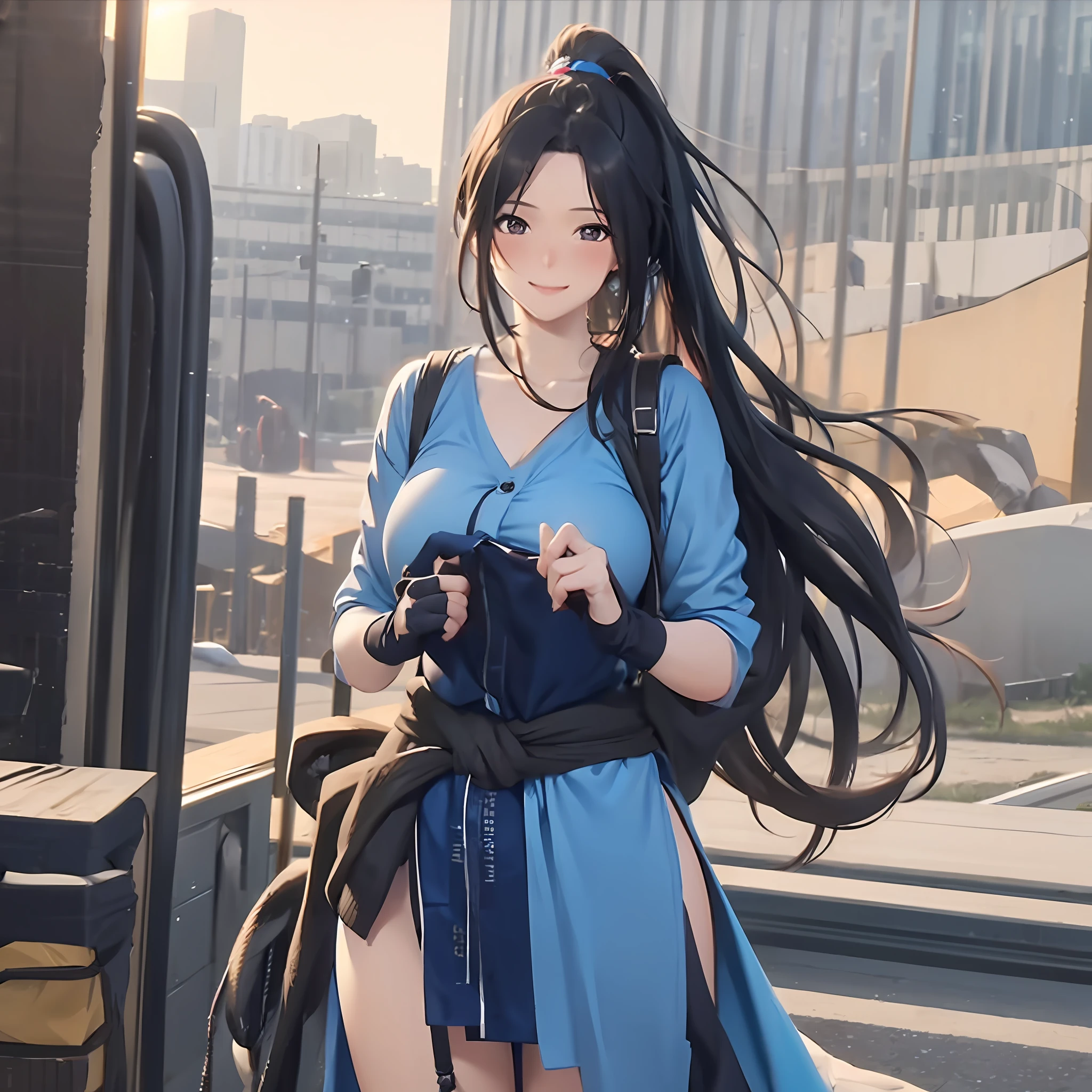 Hide chest, national costume with slit, blue costume, dale, long hair, black hair that reaches to the waist, ponytail, gentle smile, smile, lightly open lips, blush, embarrassed, shy, tall, fingerless gloves, sword, (huge chest: 1.2)