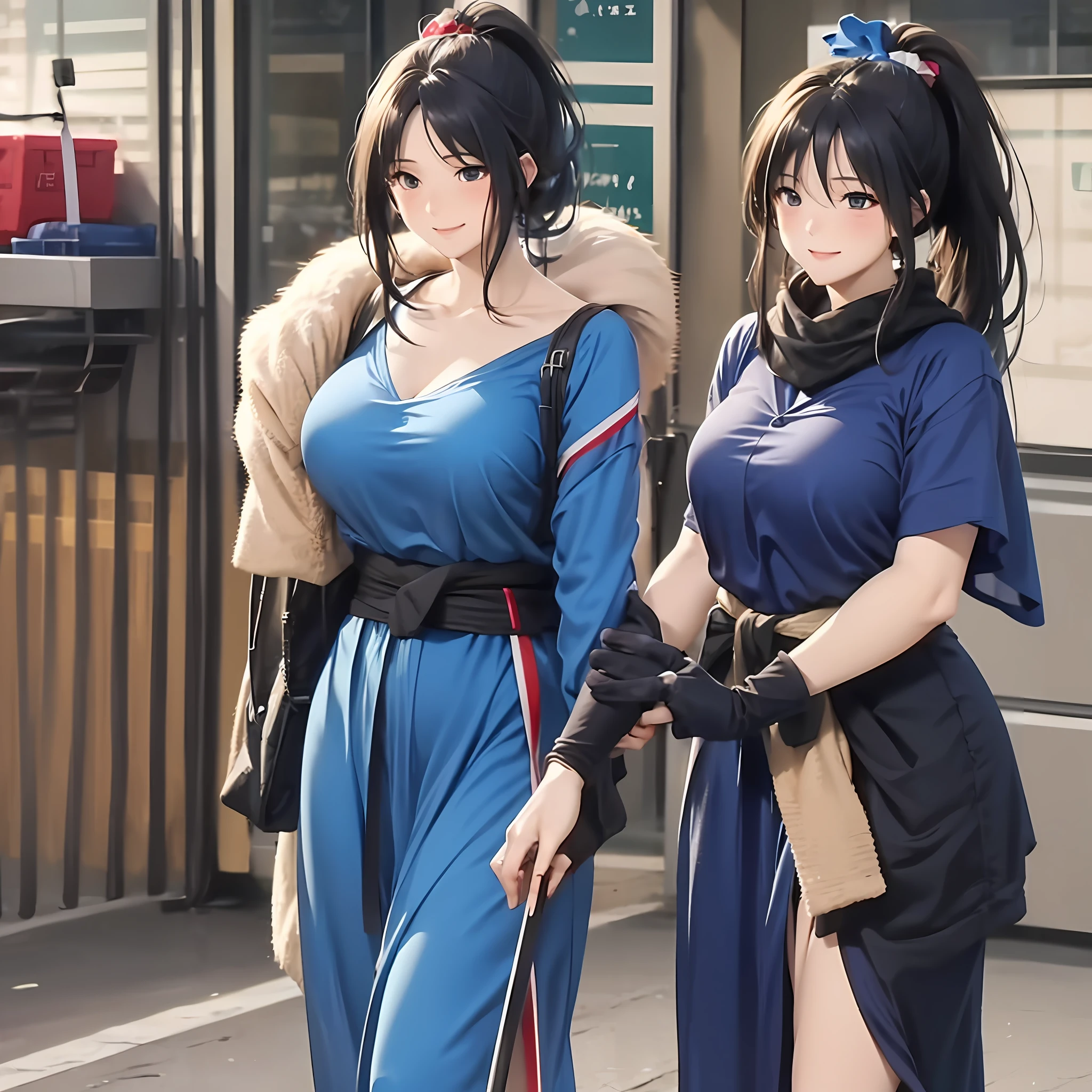 Hide chest, national costume with slit, blue costume, dale, long hair, black hair that reaches to the waist, ponytail, gentle smile, smile, lightly open lips, blush, embarrassed, shy, tall, fingerless gloves, sword, (huge chest: 1.2)