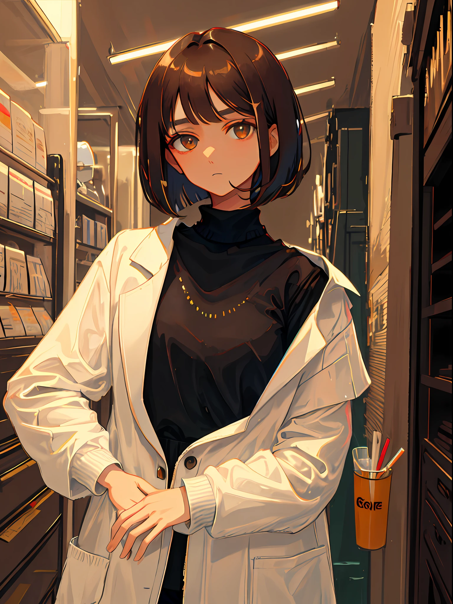 girl, brown hair, brown eyes, beautiful eyes, short cut, bob hair, bangs flowing sideways, sagging eyes, easy face, smoking cigarette, calm face, black turtleneck sweater, doctor's lab coat, upper body,