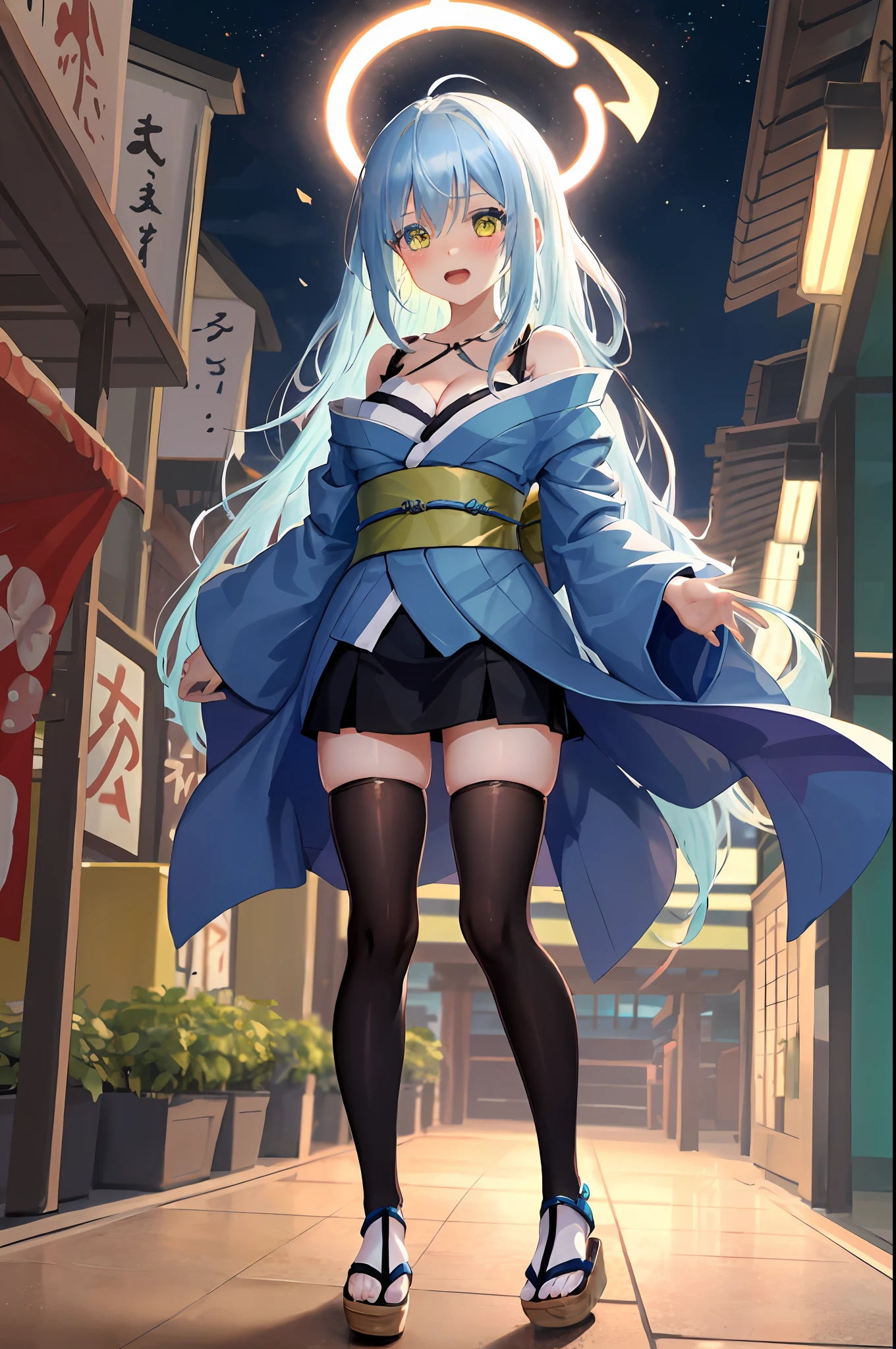 Rimuru tempest, 1girl, solo, cute kimono, wooden sandals, black thighhighs, medium breast, cleavage, japan akihabara, night view, hair between eyes, long hair, looking at viewer, light blue hair, blue short nails, solo, thighhighs, thighs, ((masterpiece)), standing, sexy pose, blush, shy, show teeth,