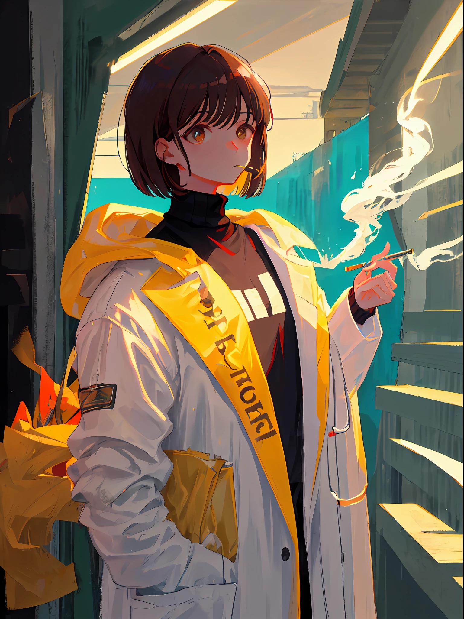 girl, brown hair, brown eyes, beautiful eyes, short cut, bob hair, bangs flowing sideways, sagging eyes, easy face, smoking cigarette, calm face, black turtleneck sweater, doctor's lab coat, upper body,