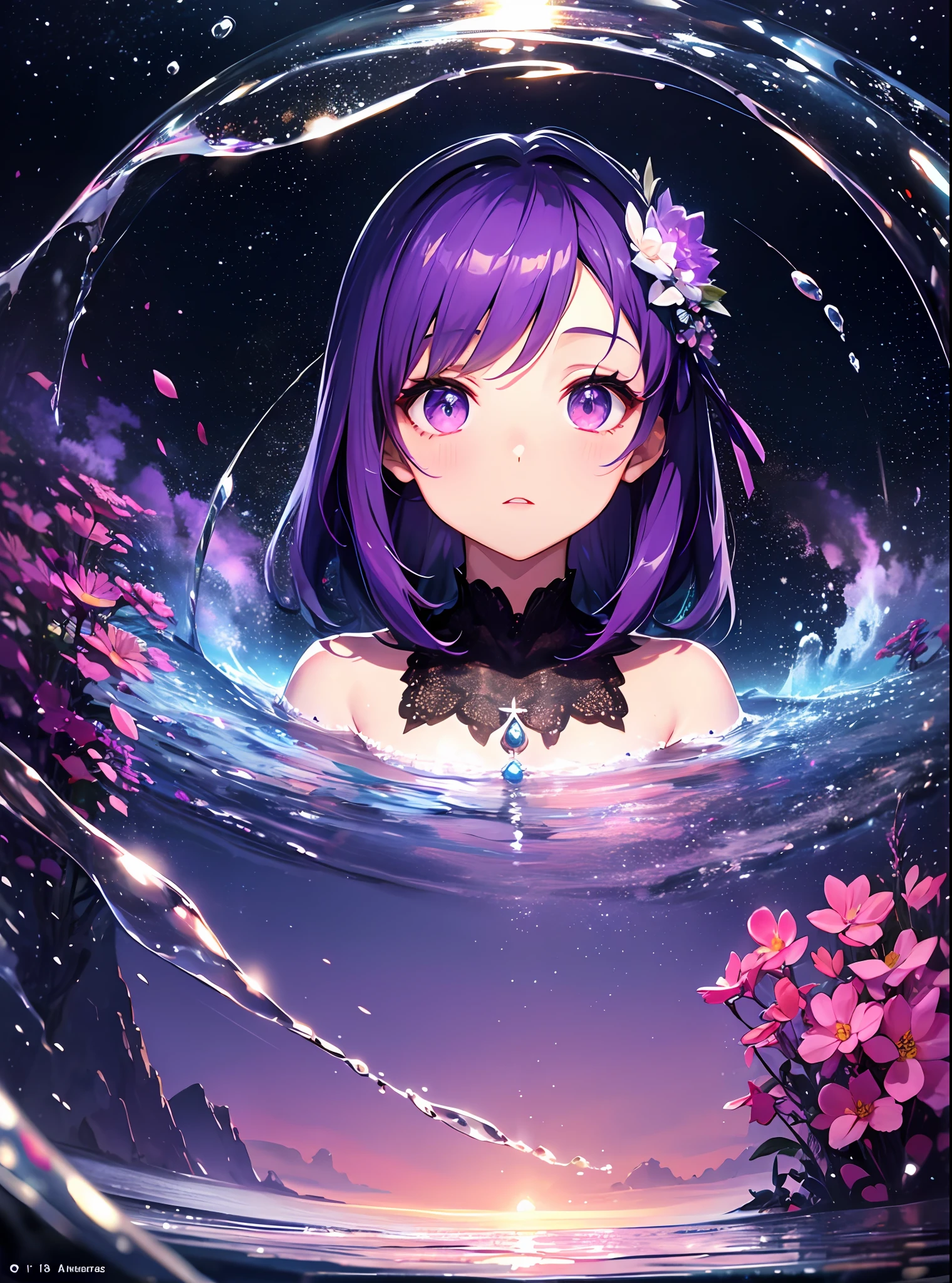 absurdity, high definition, (official art, beauty and aesthetics: 1.2),
1 girl, purple hair, middle hair, purple crystal eyes, shiny eyes,
purple sky, glittering galaxies, (Uyuni salt marsh: 1.2),
(Surrealism: 1.15), (fractal art: 0.3),
Water effect, ripple effect, (flower effect: 0.65), light effect, 8K wallpaper,