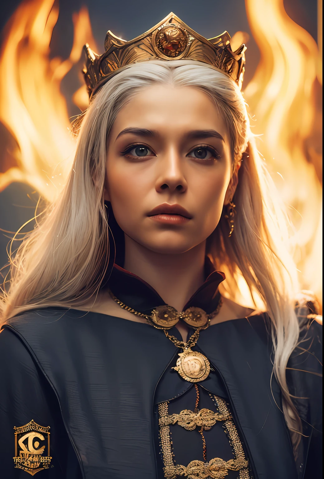 Photo-realistic, Cinematic poster of Queen HaenyraTargaryen in Epic Pose wearing a crown. in the background a great dragon, flames, fire, use the face of HaenyraTargaryen, Haenyra Targaryen. super detail, ccurate, best quality, UHD, 8k, masterpiece, anatomically correct, textured leather, super detail, high details, high quality, Photo-realistic, raw, kodak.