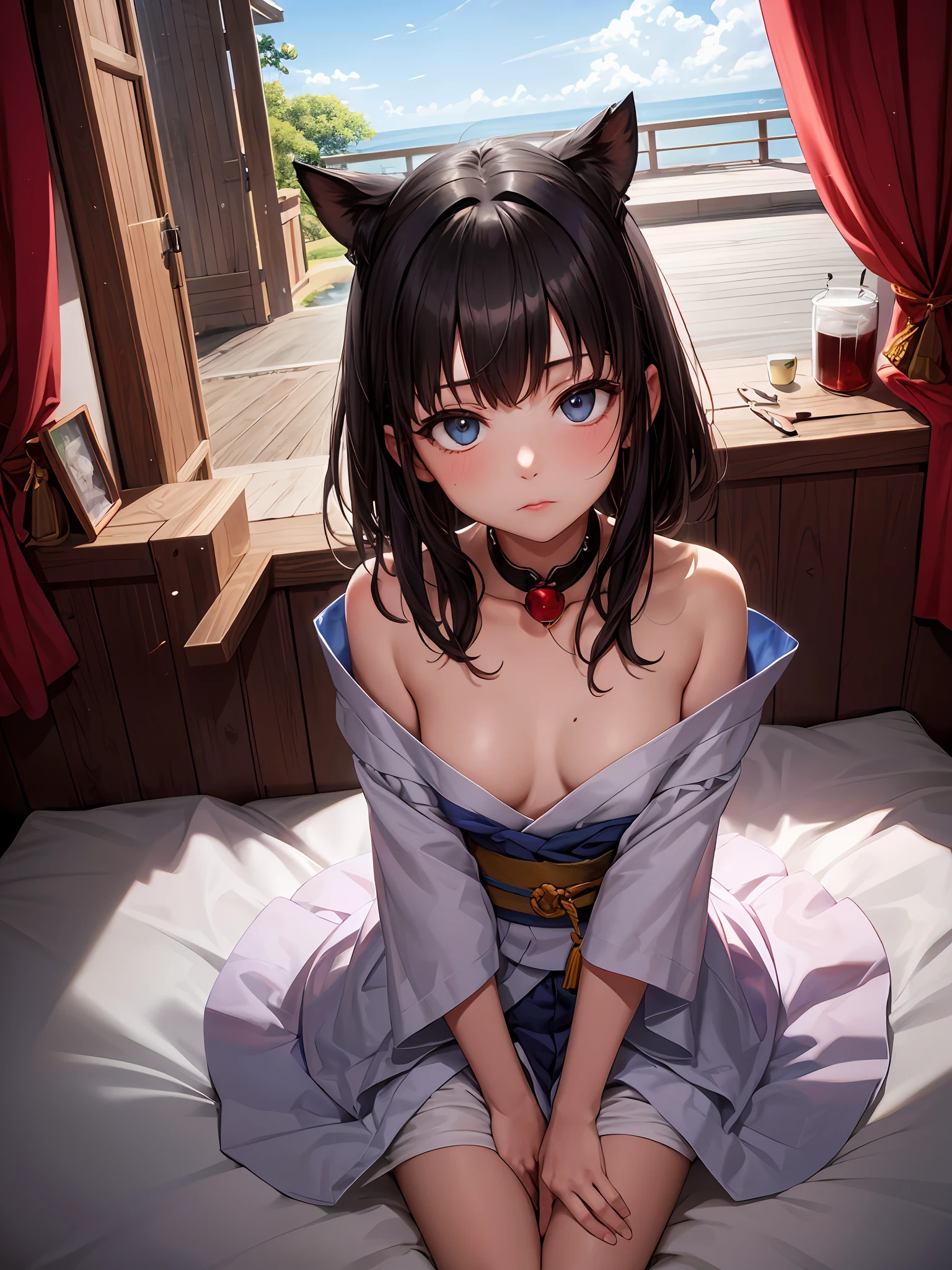 Absurd, super detailed, top quality, official art, break, solo, alone, black hair, glossy hair, beautiful girl, , short back, break, shiny skin, break, blue eyes, hairstyle, break, sexy, light blue, kimono, shoulders naked, break, upper body, focus, break, short stature, break, bed, night, peony flower, break, break, oiran , break, angle from above, break,
