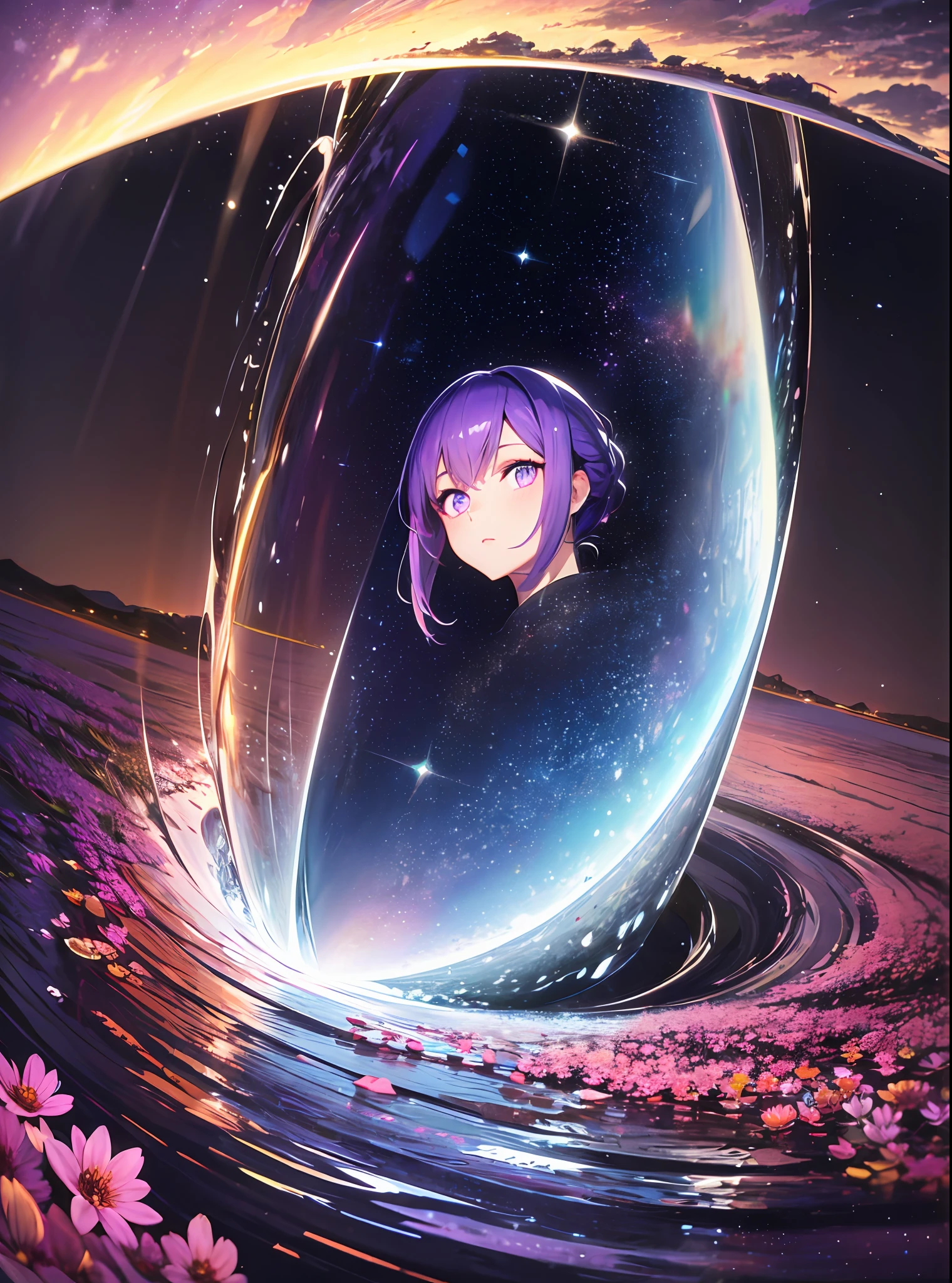absurdity, high definition, (official art, beauty and aesthetics: 1.2),
1 girl, purple hair, middle hair, purple crystal eyes, shiny eyes,
purple sky, glittering galaxies, (Uyuni salt marsh: 1.2),
(Surrealism: 1.15), (fractal art: 0.3),
Water effect, ripple effect, (flower effect: 0.65), light effect, 8K wallpaper,