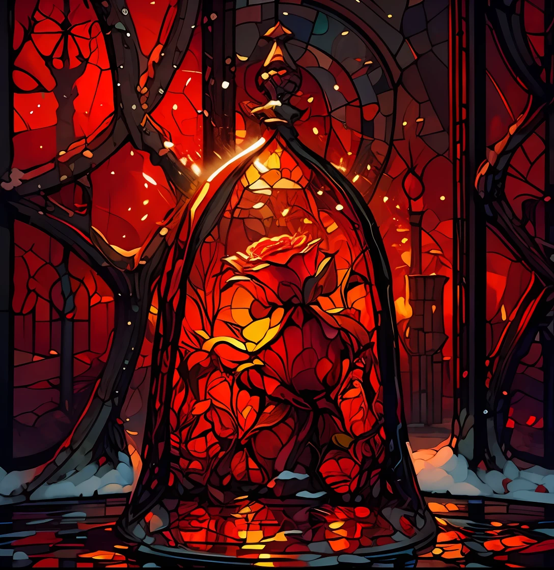 masterpiece, best quality, roses, stained glass, crimson roses, (outside the window, snowy night)
