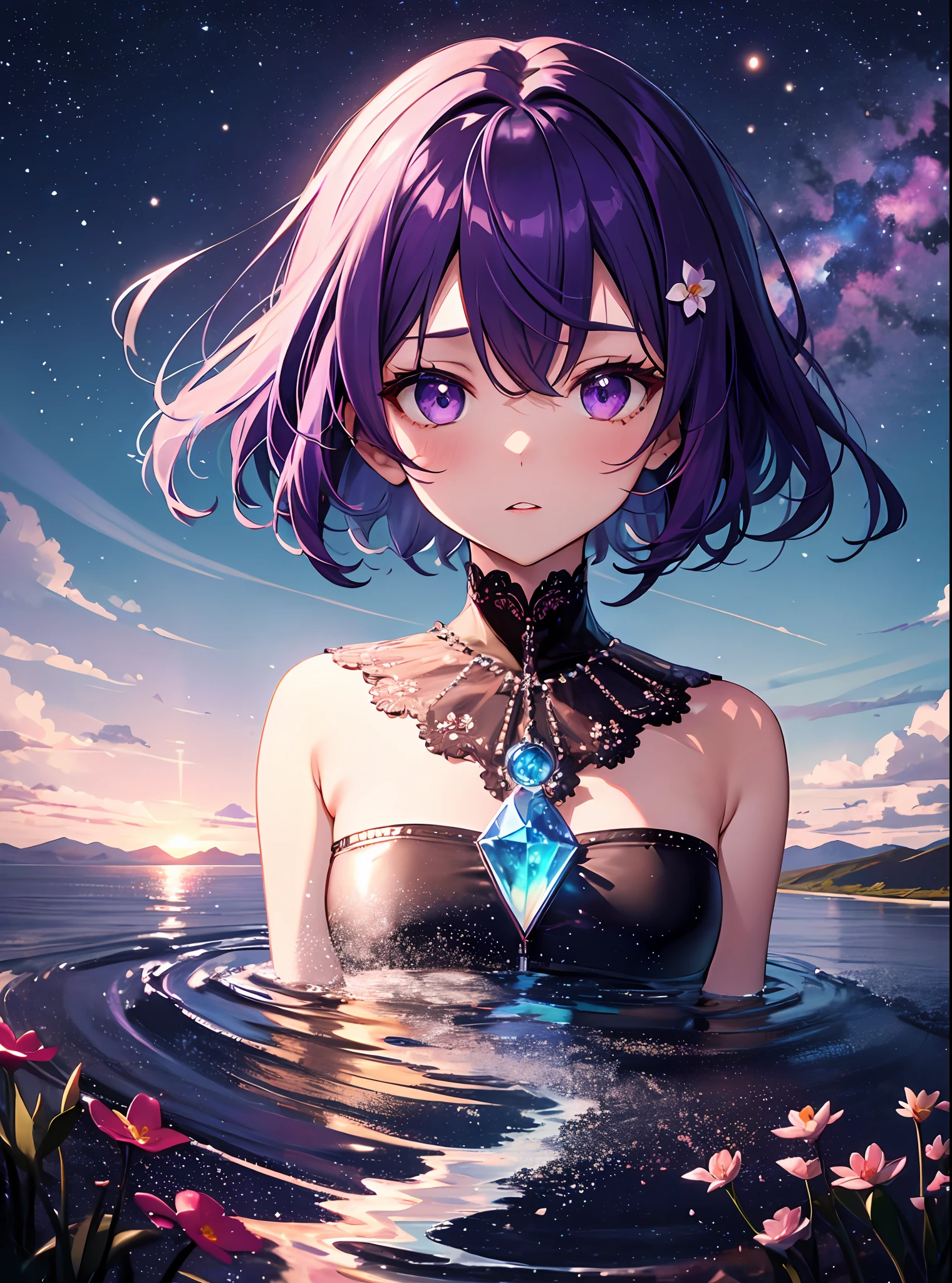 absurdity, high definition, (official art, beauty and aesthetics: 1.2),
1 girl, purple hair, middle hair, purple crystal eyes, shiny eyes,
purple sky, glittering galaxies, (Uyuni salt marsh: 1.2),
(Surrealism: 1.15), (fractal art: 0.3),
Water effect, ripple effect, (flower effect: 0.65), light effect, 8K wallpaper,