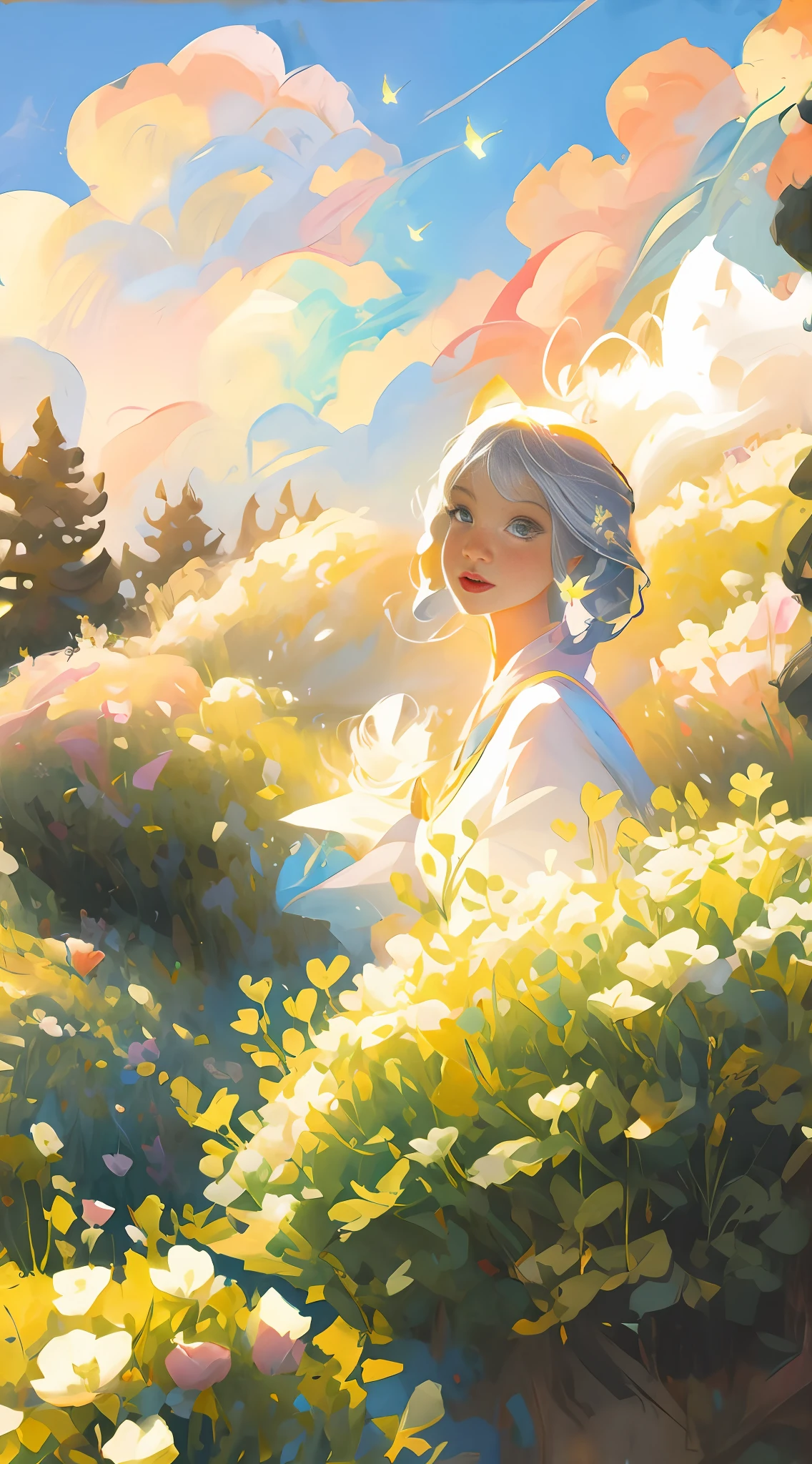 Lustration of a woman in a field of flowers A blue sky of clouds, beautiful illustration, beautiful painting, beautiful UHD 4K art, beautiful art, a beautiful art illustration, art in the style of Guweiz, beautiful painting, Atey Ghailan 8K, Artgerm and Atey Ghailan, girl in a field of flowers, (butterflies).