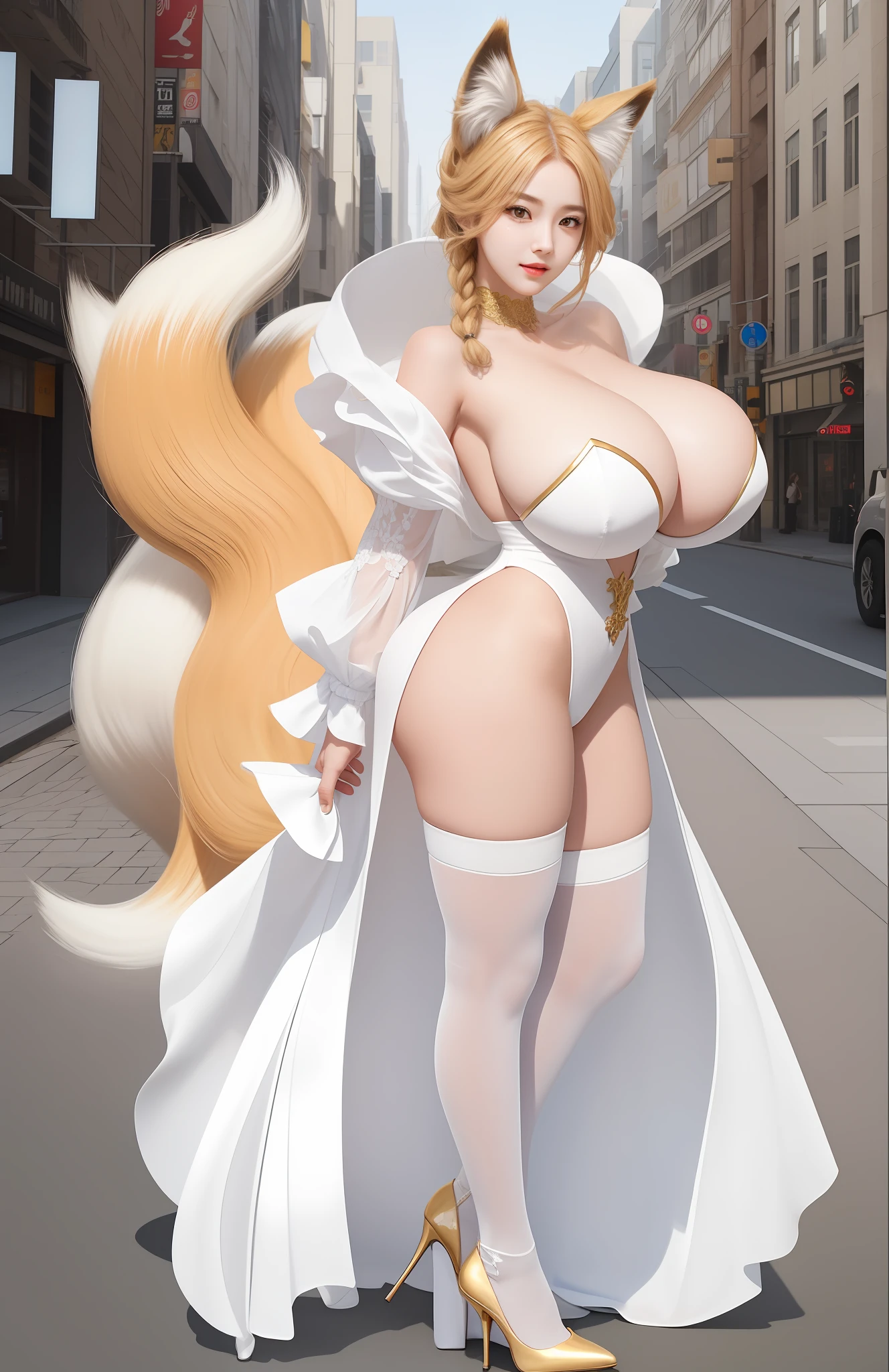 An Idol k-pop girl, cute face, braid hair, intricate face details, detailed face, golden ratio face, ((big breasts:1, slim waist, big butt, big hip, big thighs)), ((intricate hands, intricate feets)), full body, 64K, UHD, HDR, global illumination, (high quality, high detailed, hyper detailed, extremely detailed), photo realistic, ultra realistic, art photo, (clarify the details, detailed parts body), intricate artwork masterpiece, trending on artstation, light smile, fox ears, fox tail, shadow under feet, city street background, wearing high heels and long socks