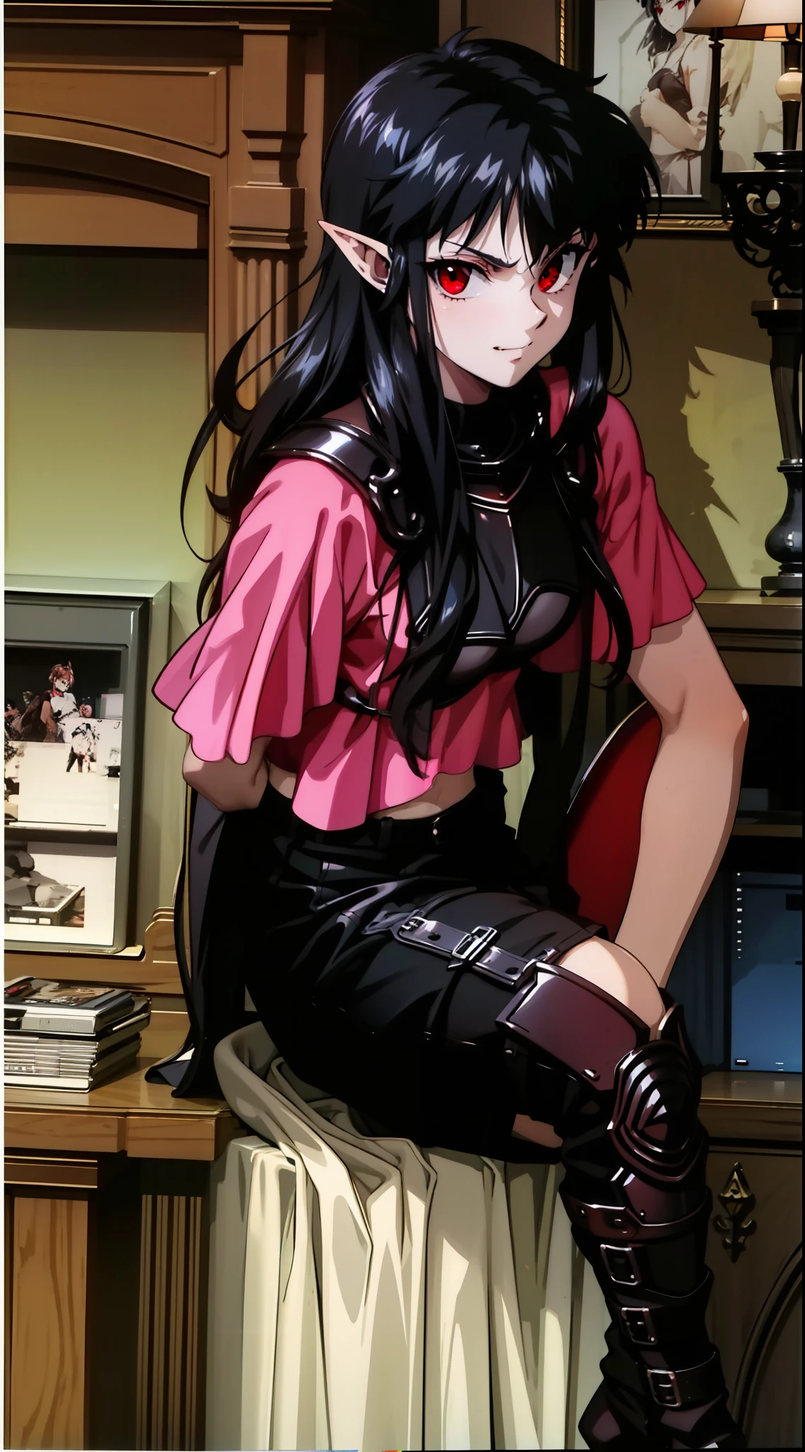 Girl,pointy ears,red eyes,dressed in armor,vampire,4k,black hair
