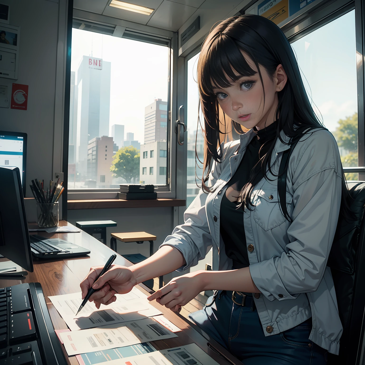 A young woman goes to the bank to deposit money