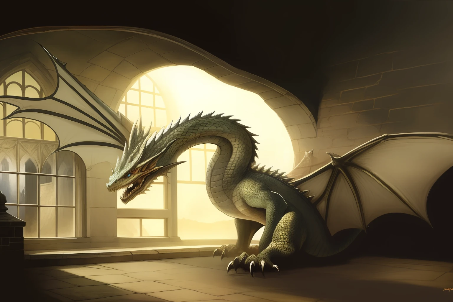 arafed dragon in a castle with a window and a light coming through it, dragon in dragon lair, hyperrealistic fantasy art, dragon art, a majestic gothic dragon, giant dragon resting in a cave, hyperrealistic d & d fantasy art, painting by john howe, charging through a dragons lair, epic dragon, by John Howe, anthropomorphic dragon